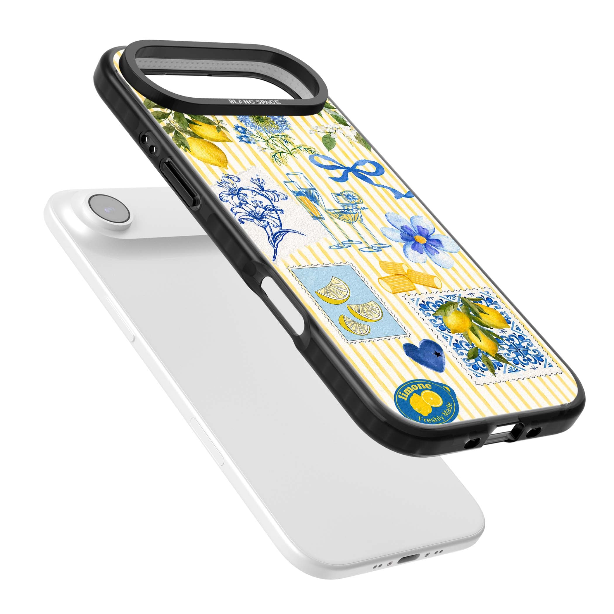 Limone Riviera Italian summer iPhone case featuring watercolour lemons, blue ribbon bows and majolica tile stamps on... | Black Impact Magsafe case for iPhone Air