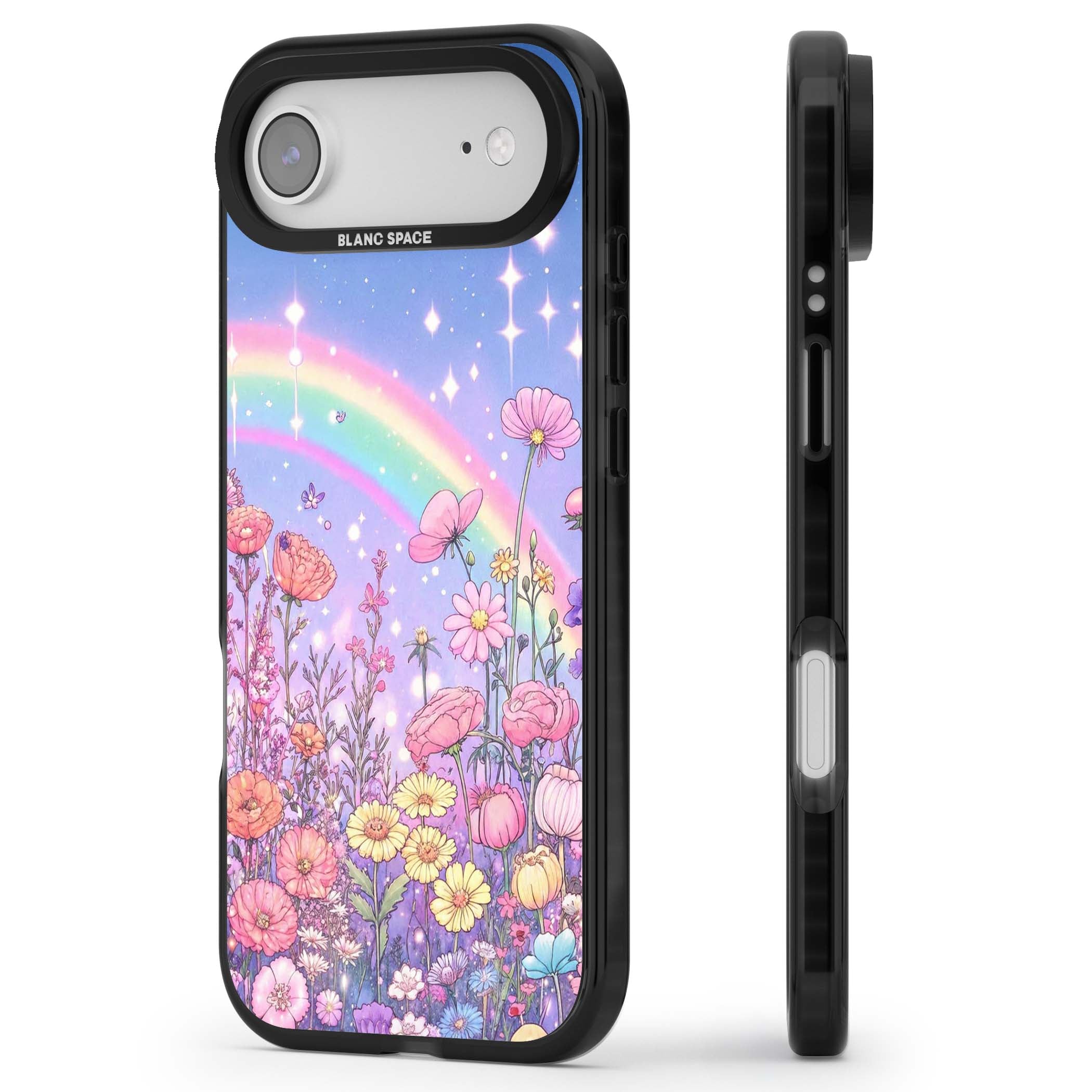 Magical Meadow fairycore iPhone case featuring a pastel rainbow, sparkling stars and a wildflower meadow | Black Impact Magsafe case for iPhone Air