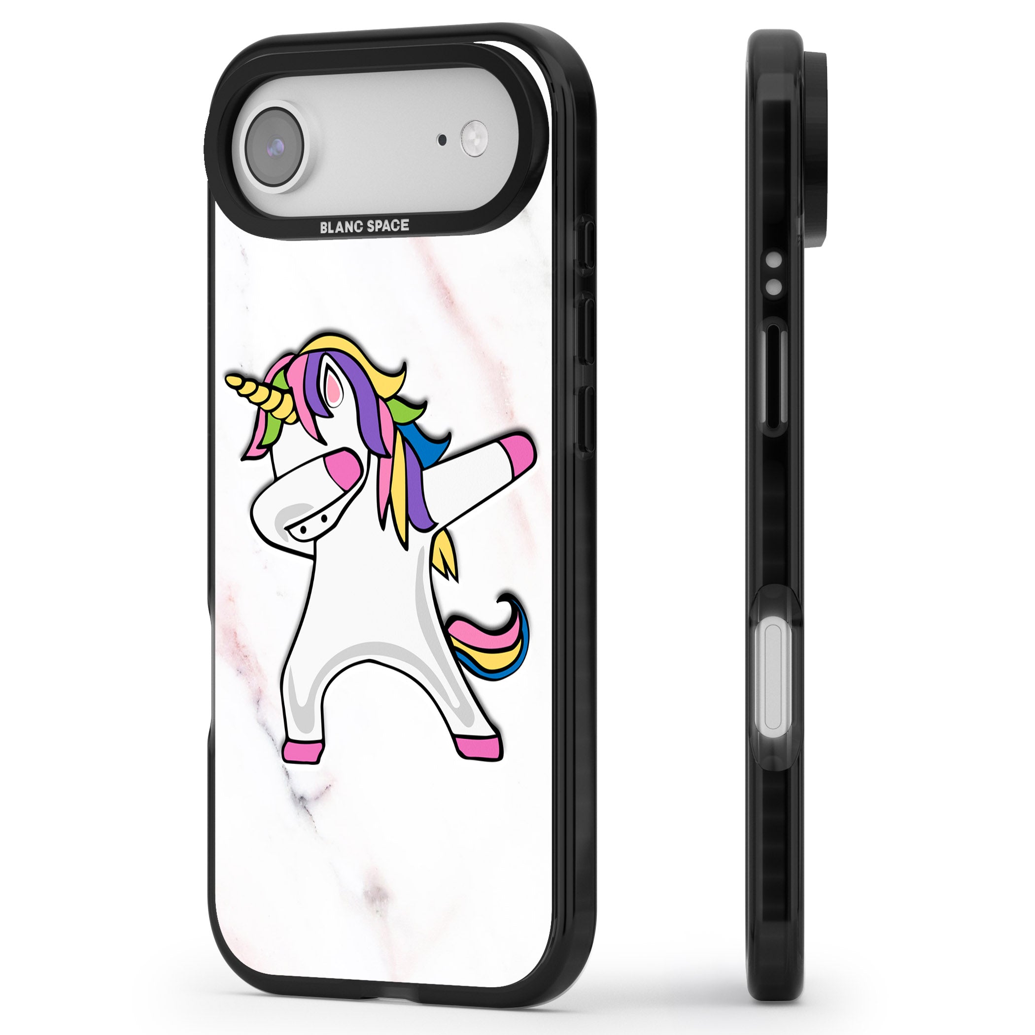 Designer Marble Unicorn Dab iPhone 17 Air Impact Pro Black Phone Case Side Profile