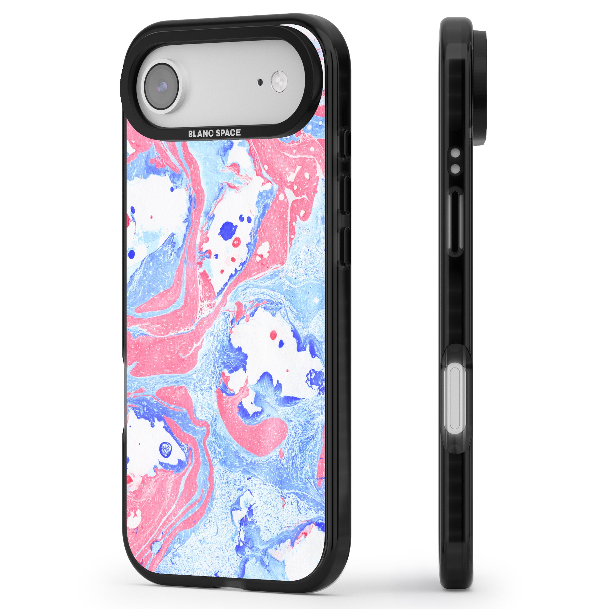 Pink, Blue & White Marbled Paper Pattern iPhone 17 Air Impact Pro Black Phone Case Side Profile