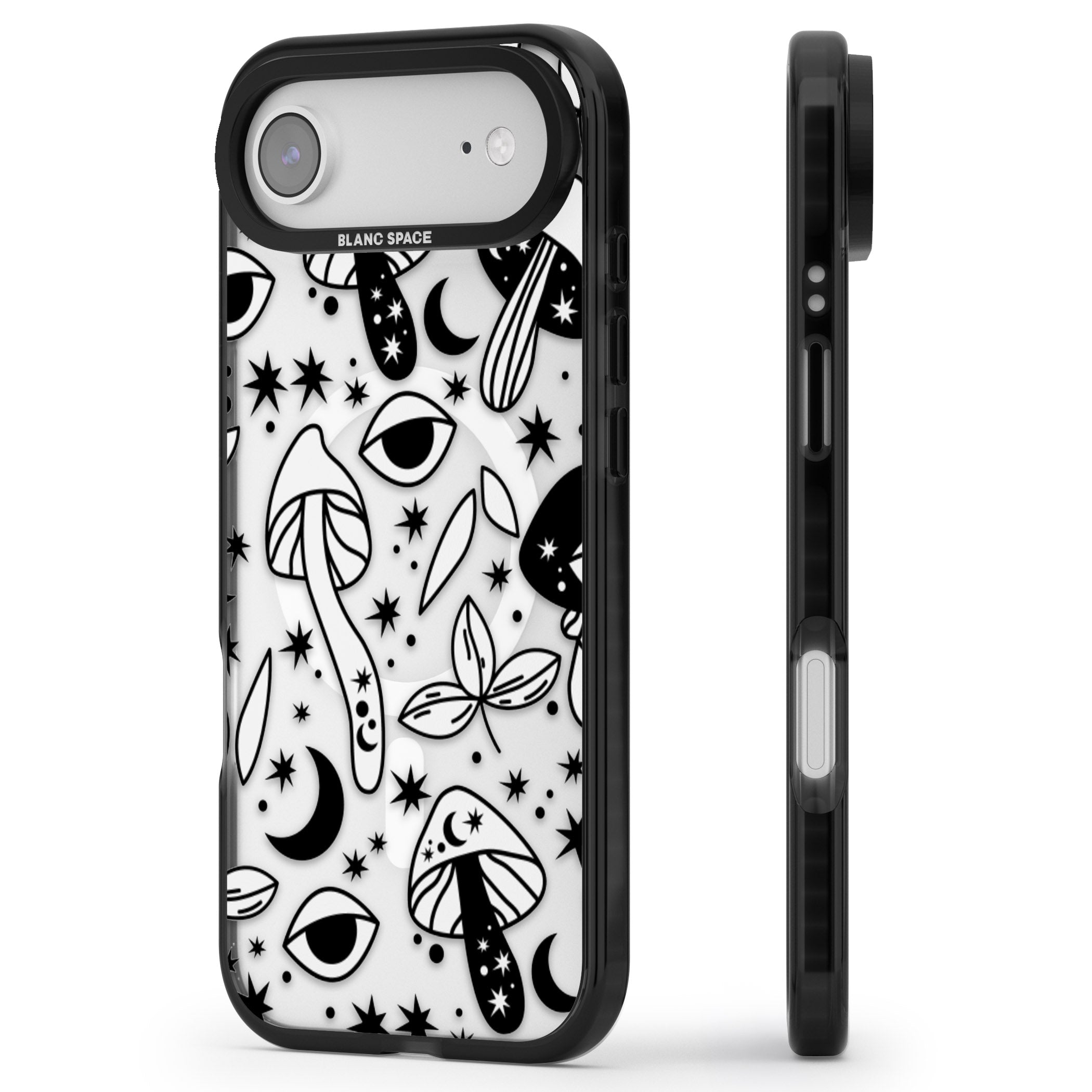 Mystic Mushrooms Pattern iPhone 17 Air Impact Pro Black Phone Case Side Profile
