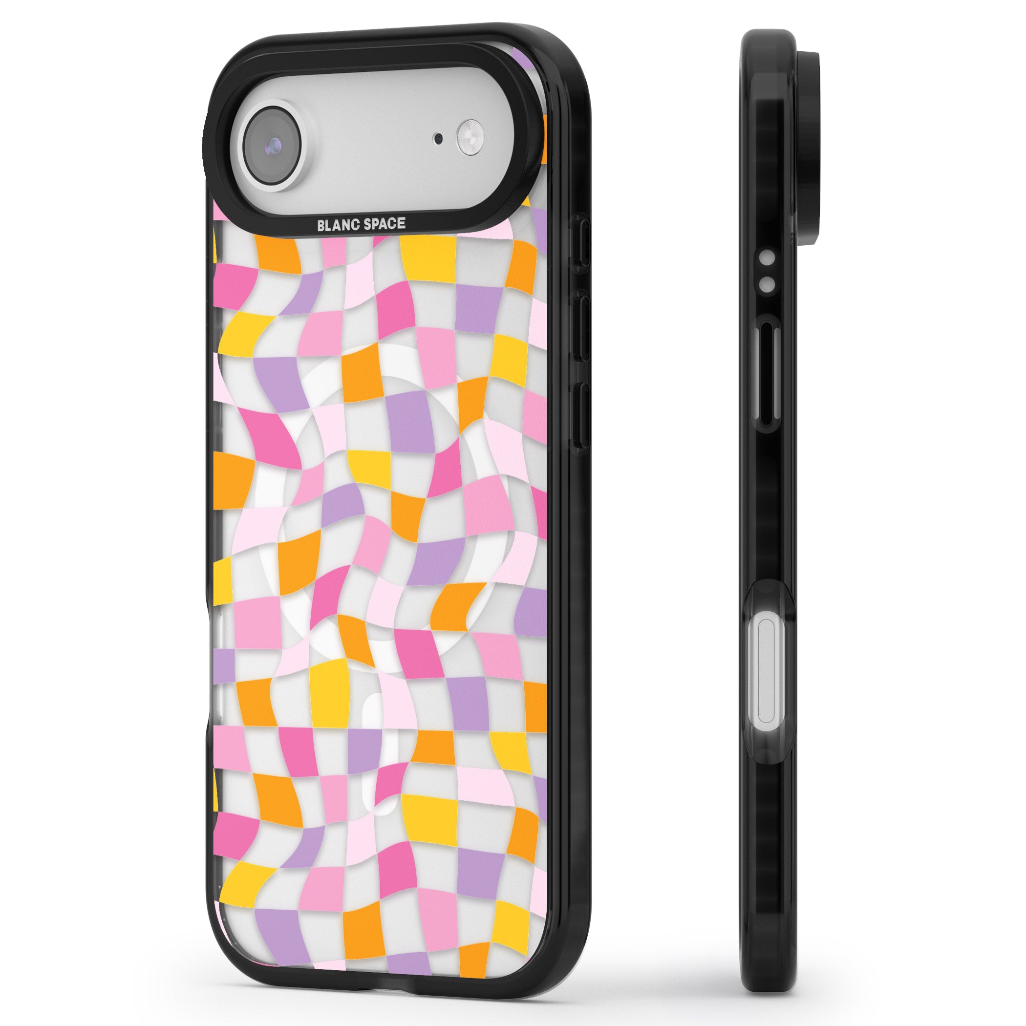 Wonky Squares Pattern iPhone 17 Air Impact Pro Black Phone Case Side Profile