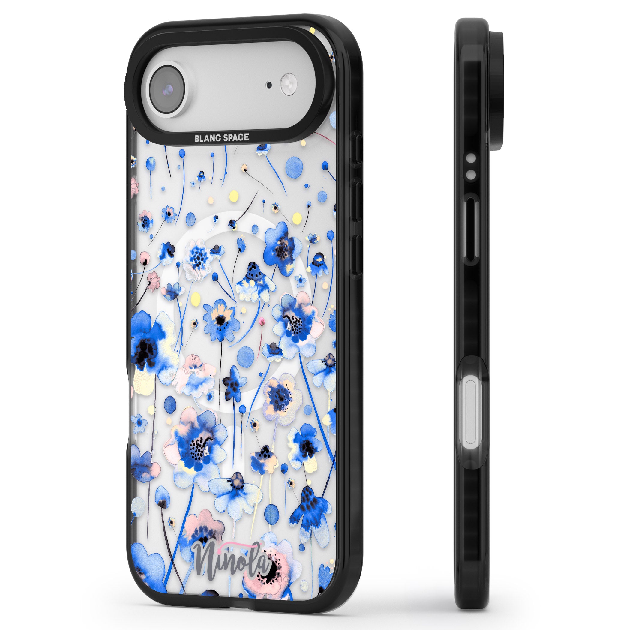 Ink Flowers Blue iPhone 17 Air Impact Pro Black Phone Case Side Profile