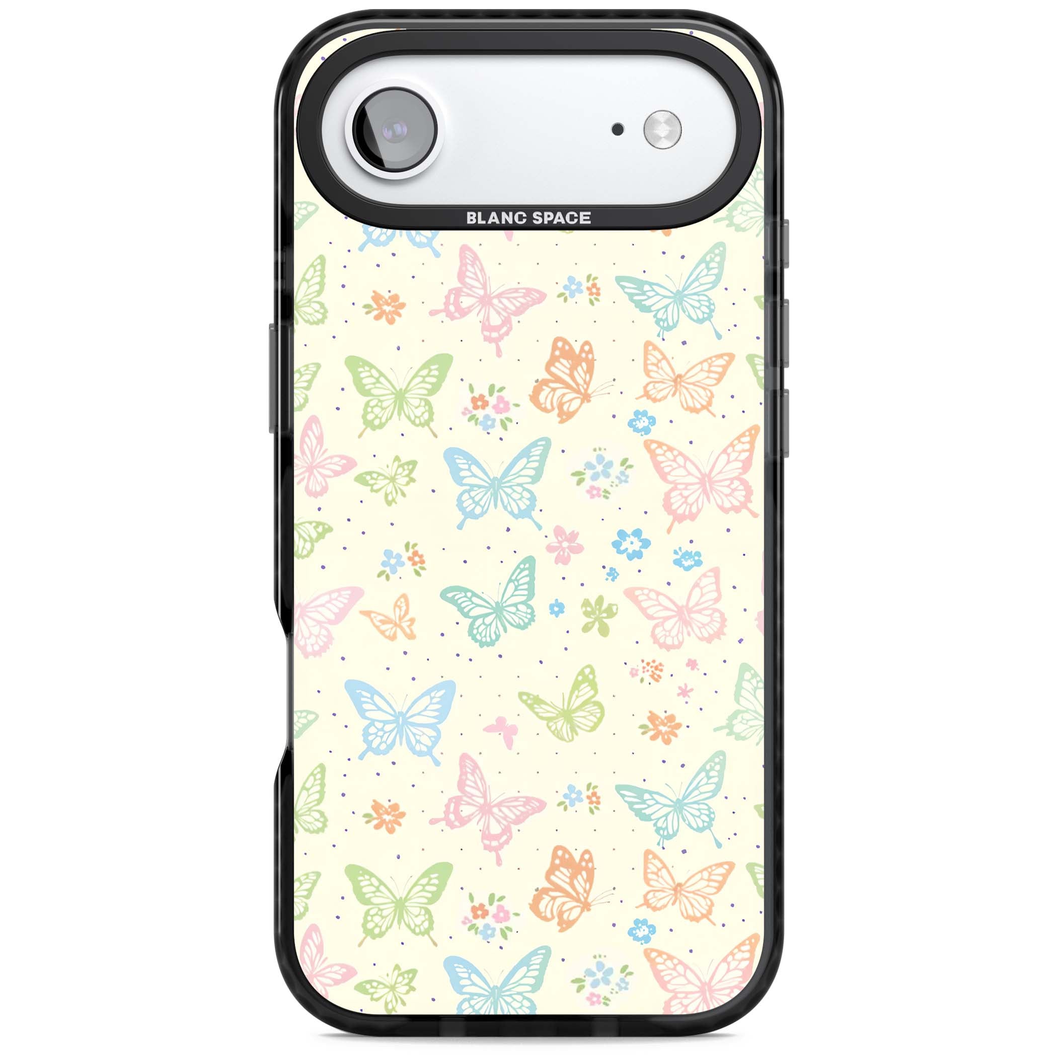 Sugar Wings cottagecore iPhone case featuring rainbow pastel butterflies, tiny wildflowers, and a cream background | Black Impact Magsafe case for iPhone Air
