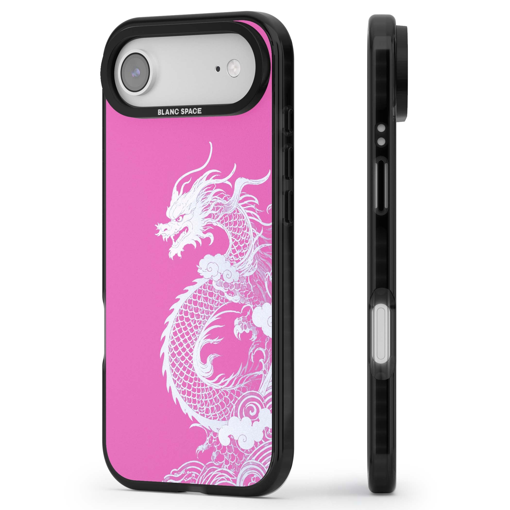 Pink Empress chinese dragon iPhone case featuring a white dragon, swirling clouds and pink dragon wallpaper backdrop | Black Impact Magsafe case for iPhone Air