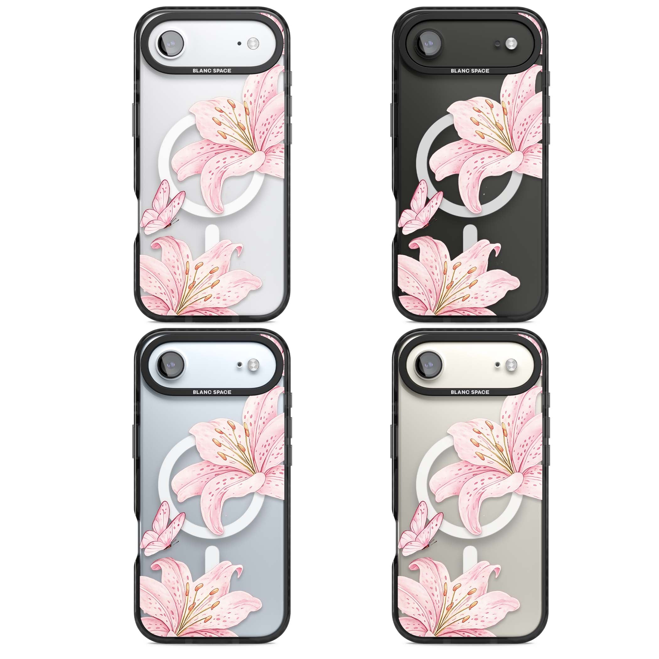 Lily Whisper floral iPhone case featuring pink watercolour lilies and delicate butterflies on a clear background | Black Impact Magsafe case for iPhone Air
