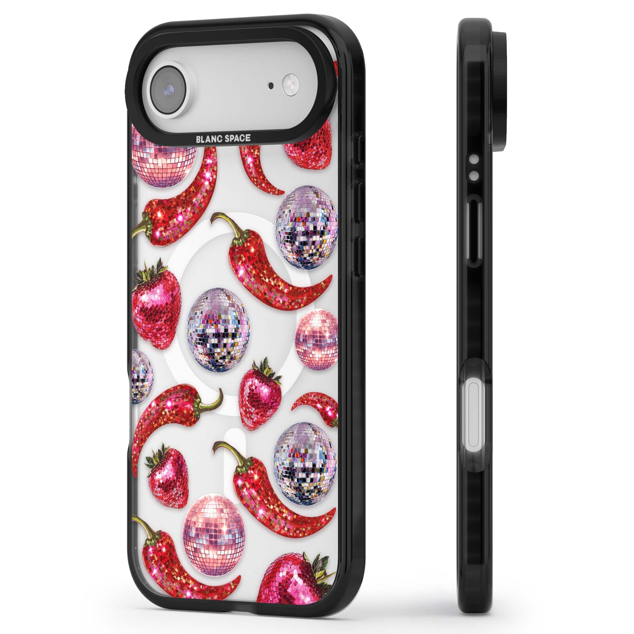 Spicy Disco Y2K iPhone case featuring glitter disco balls, sparkly strawberries and red chilli peppers | Black Impact Magsafe case for iPhone Air