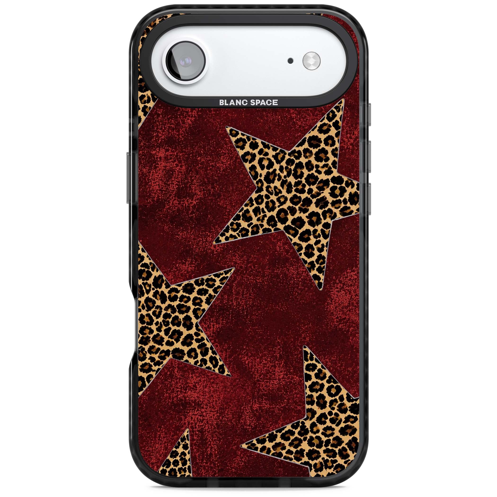 Showgirl leopard print iPhone case featuring cheetah print stars on distressed red grunge background | Black Impact Magsafe case for iPhone Air
