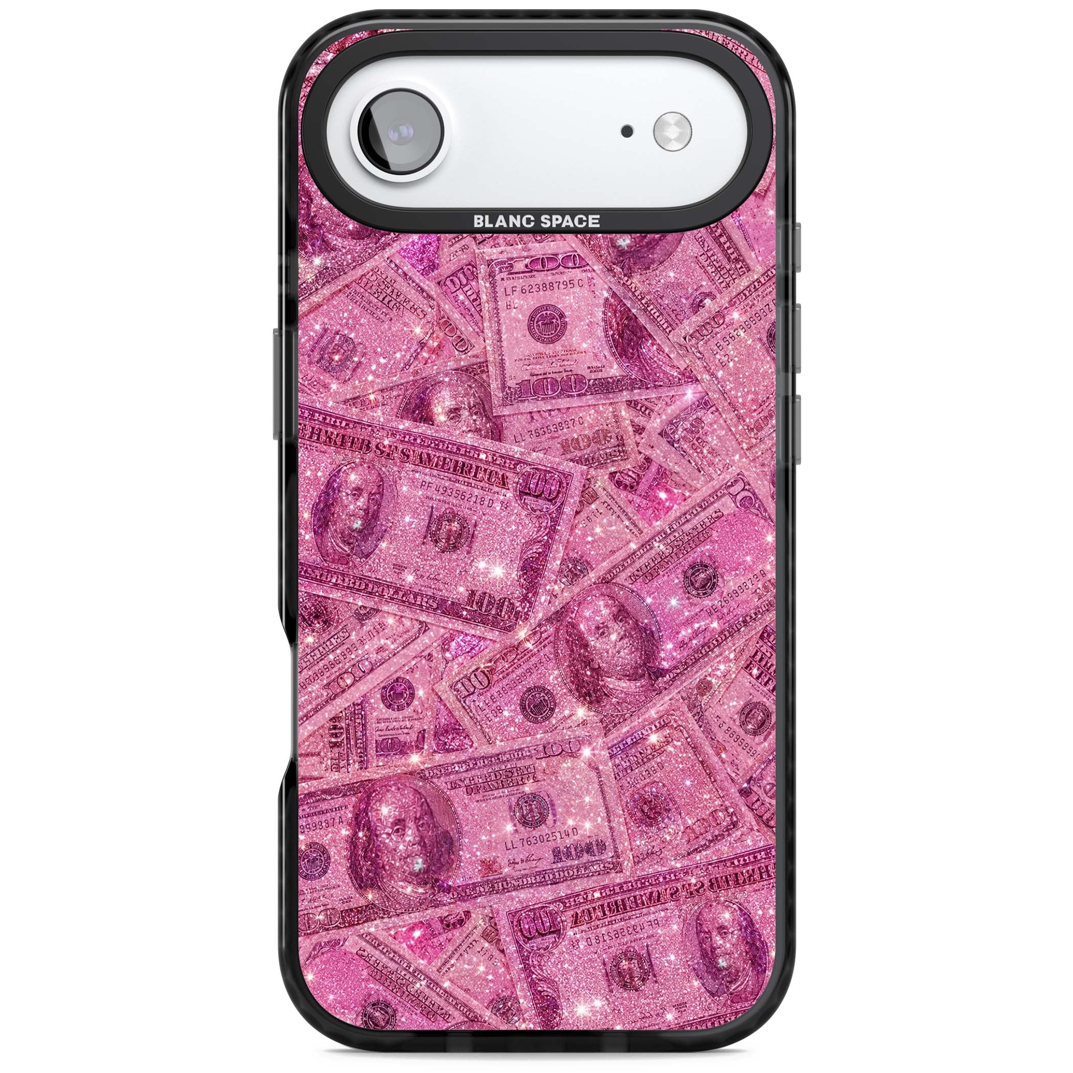 Glamorous baddie iPhone case featuring pink glitter hundred dollar bills and sparkling money wallpaper design | Black Impact Magsafe case for iPhone Air