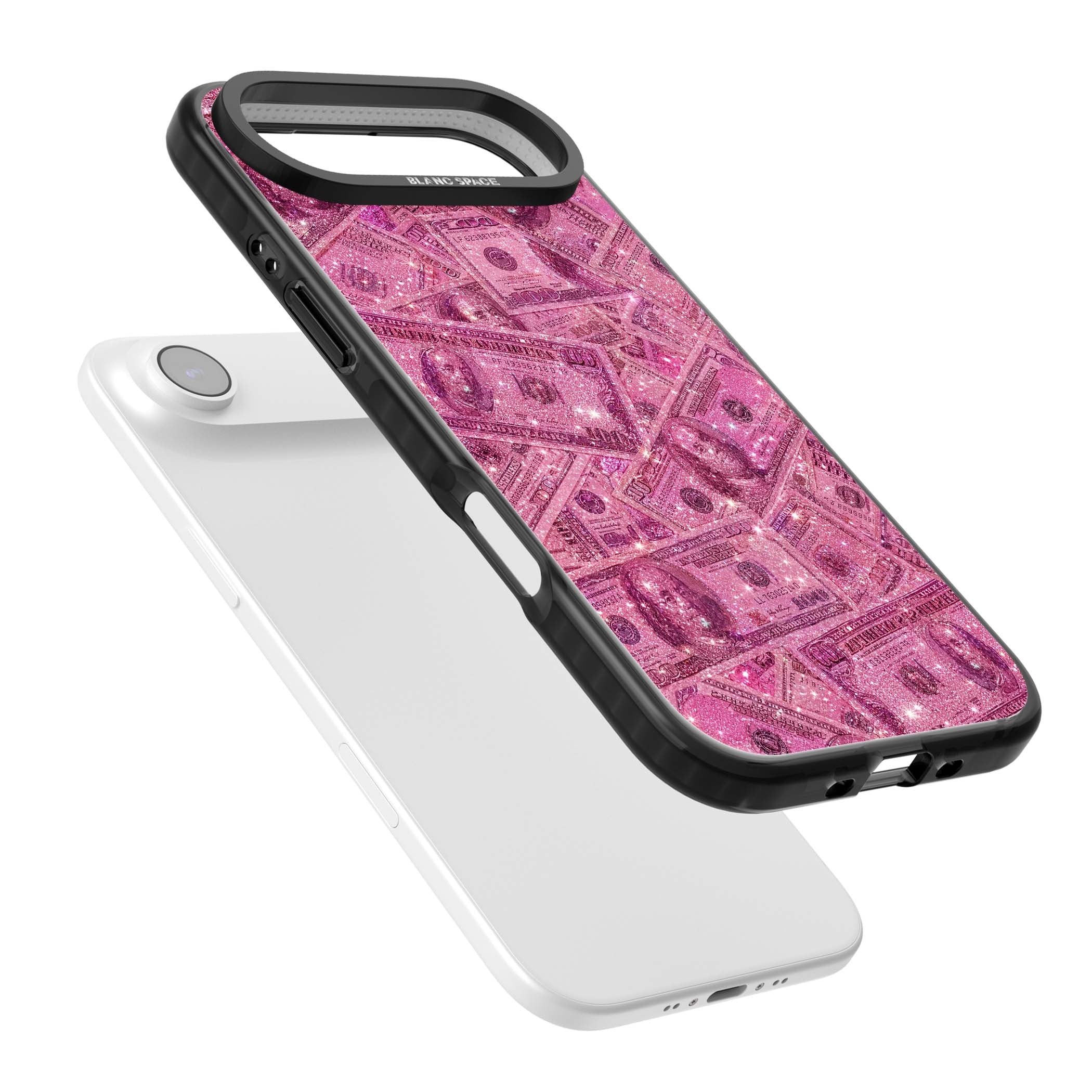 Glamorous baddie iPhone case featuring pink glitter hundred dollar bills and sparkling money wallpaper design | Black Impact Magsafe case for iPhone Air