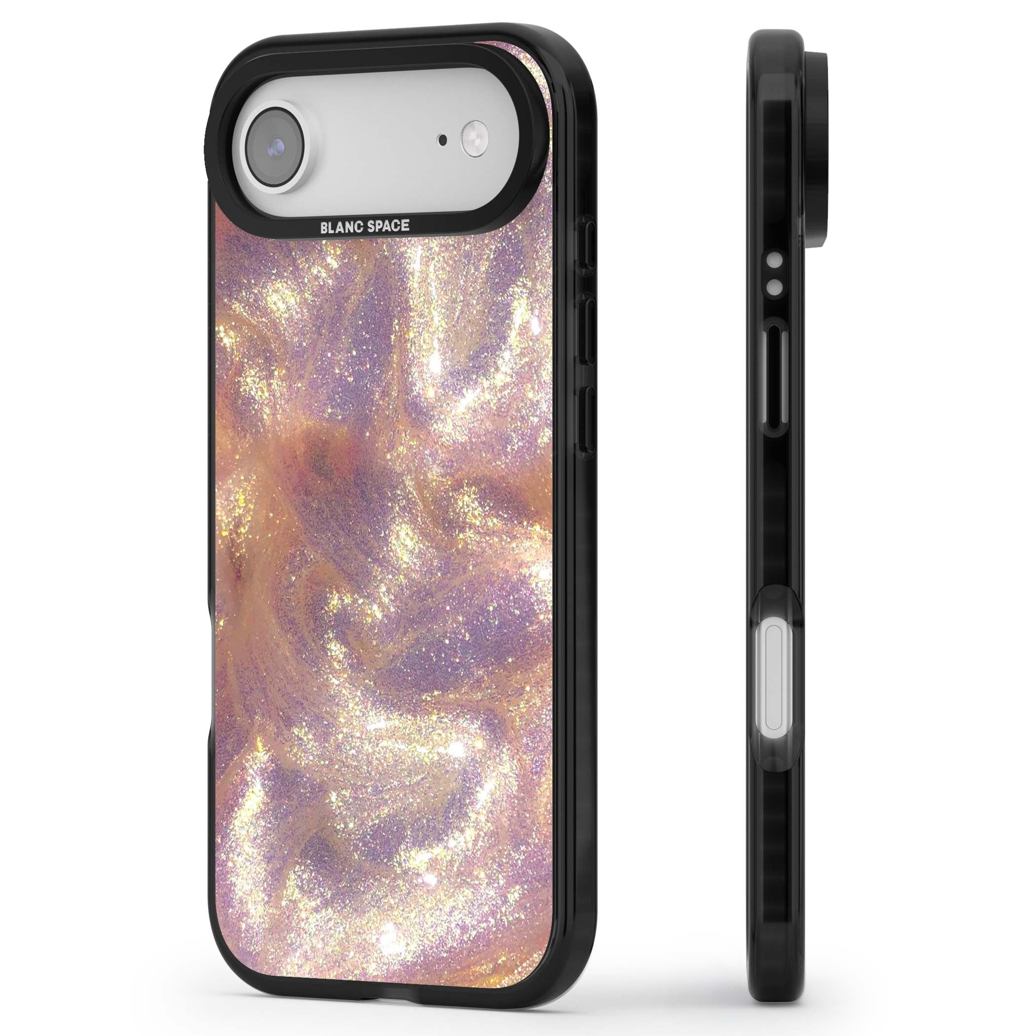 Shimmer marble iPhone case featuring rose gold glitter swirls, lilac shimmer and iridescent pearl finish | Black Impact Magsafe case for iPhone Air