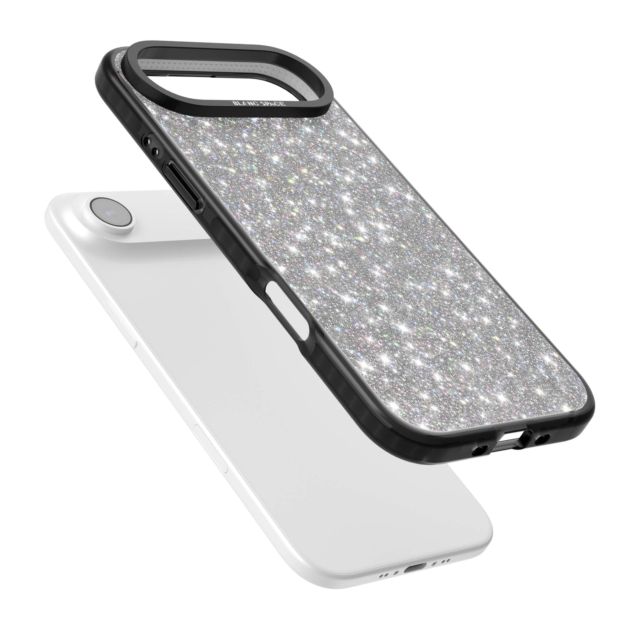Diamond glam iPhone case featuring silver glitter sparkle and shimmering diamond dust effect | Black Impact Magsafe case for iPhone Air