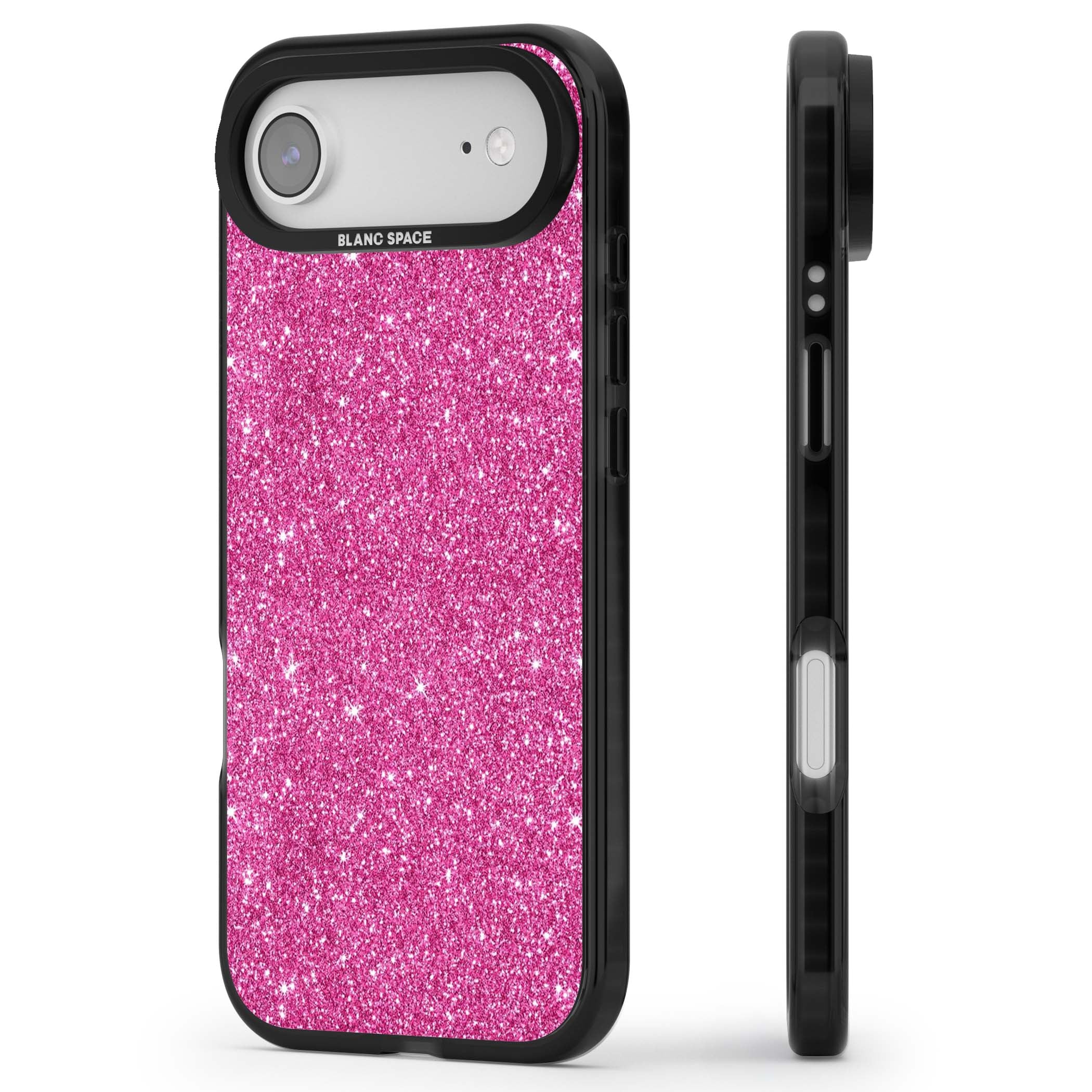Pink Glitter Y2K iPhone case featuring hot pink glitter wallpaper with sparkle shimmer effect | Black Impact Magsafe case for iPhone Air