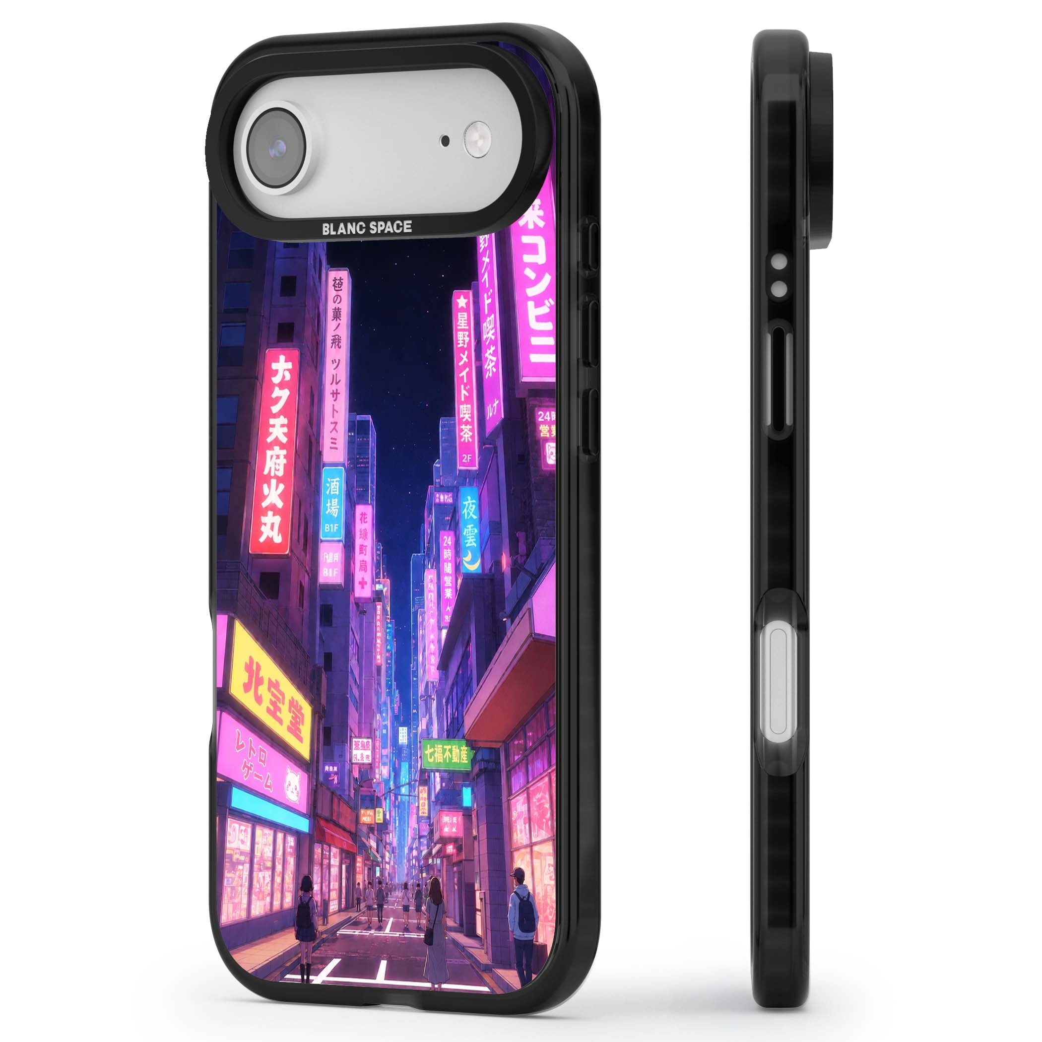Shibuya At Night Japanese neon city iPhone case featuring glowing kanji signs, pink storefronts and a Tokyo street at n | Black Impact Magsafe case for iPhone Air