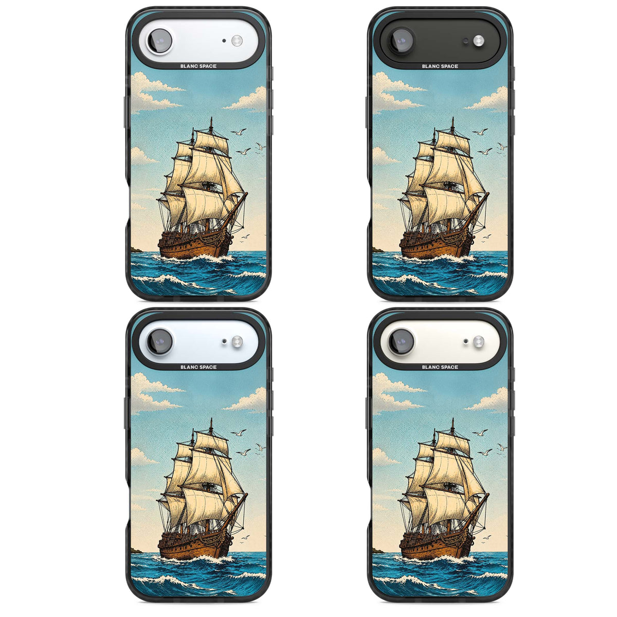 Ship at Sea nautical iPhone case featuring a vintage tall ship, ocean waves and seagulls | Black Impact Magsafe case for iPhone Air
