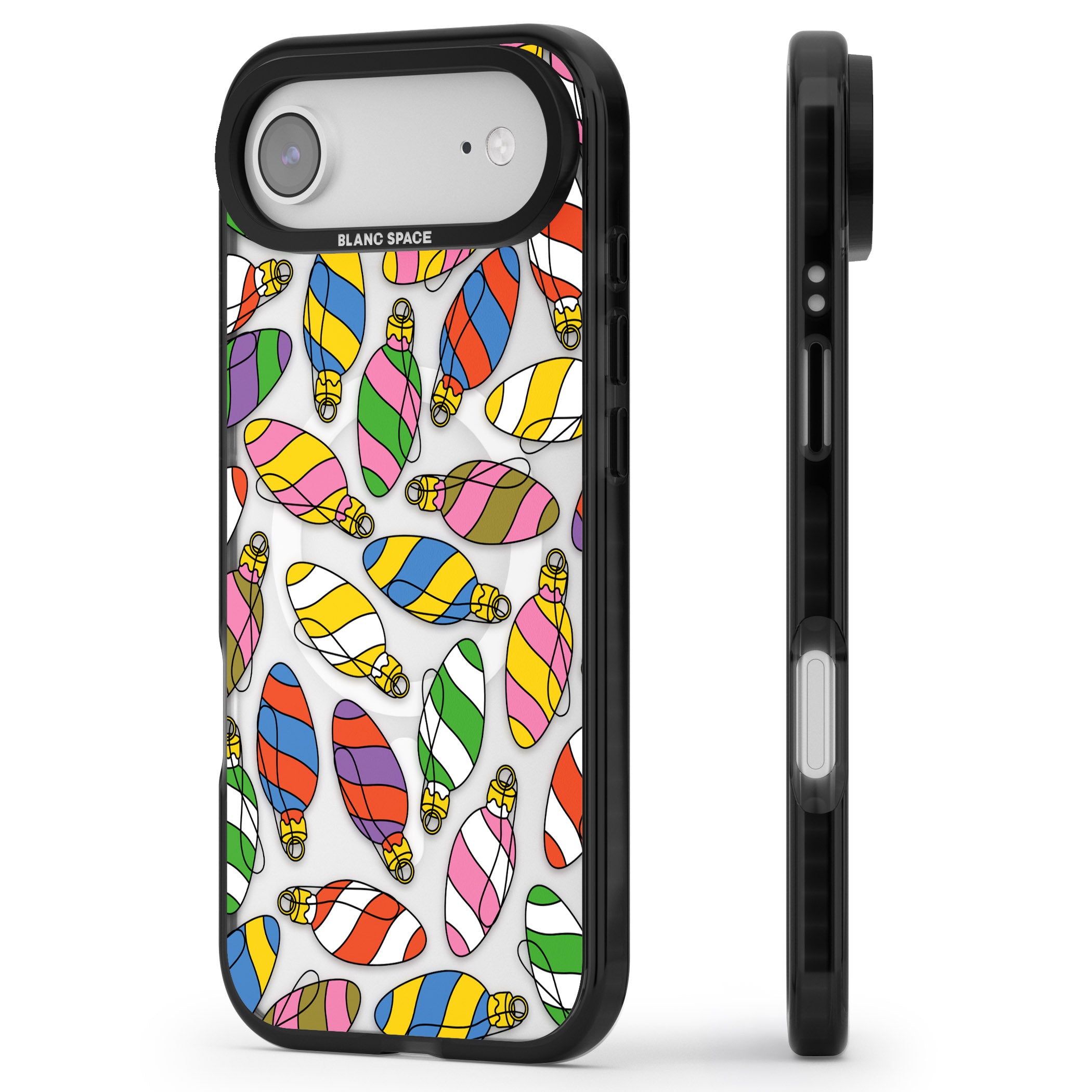 Colourful Holiday Ornaments iPhone 17 Air Impact Pro Black Phone Case Side Profile