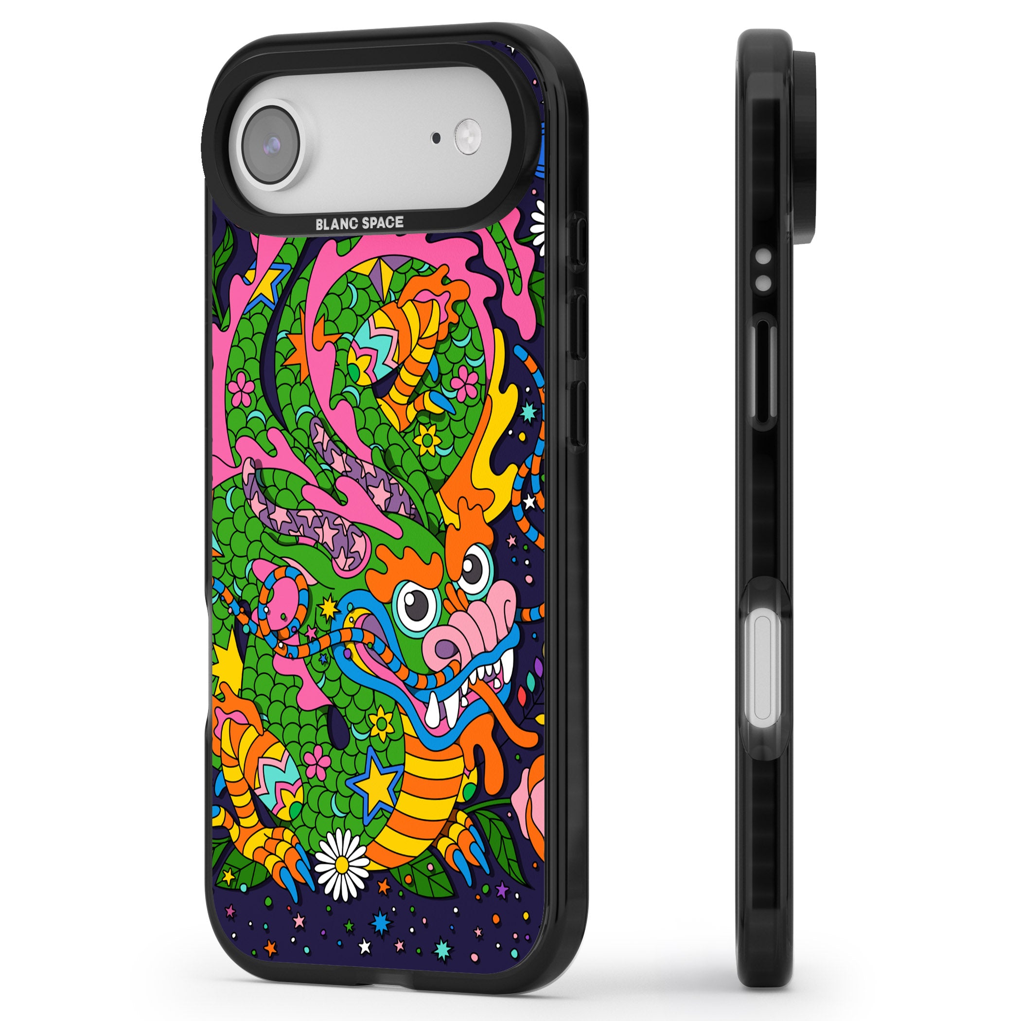Psychedelic Jungle Dragon (Purple) iPhone 17 Air Impact Pro Black Phone Case Side Profile