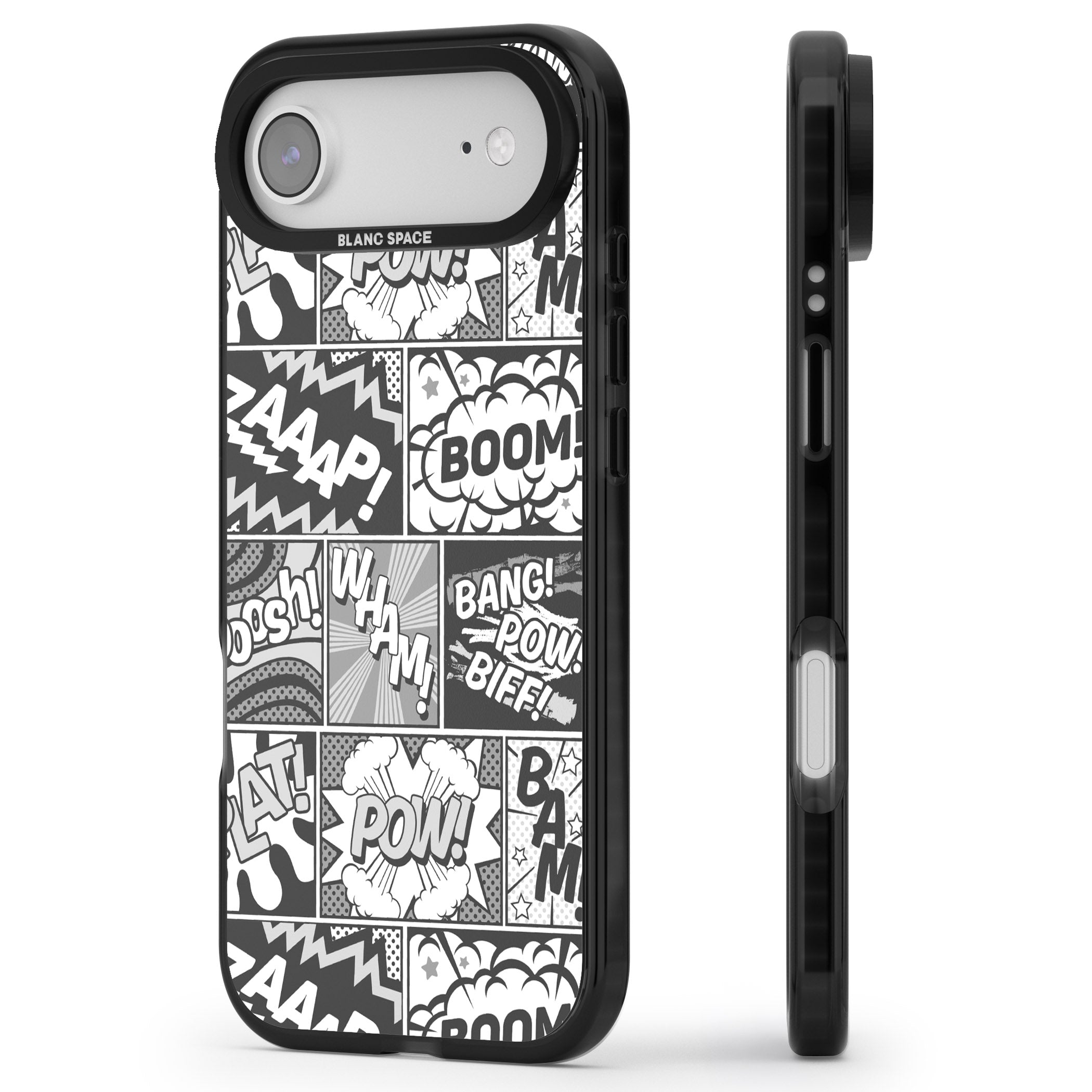 Onomatopoeia (Black & White) iPhone 17 Air Impact Pro Black Phone Case Side Profile