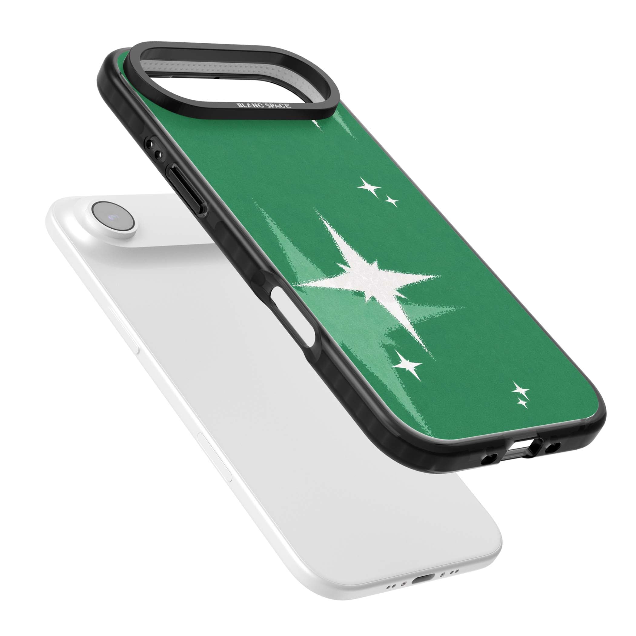 Green Sparkle celestial iPhone case featuring sparkling white four-point stars on a deep green background | Black Impact Magsafe case for iPhone Air