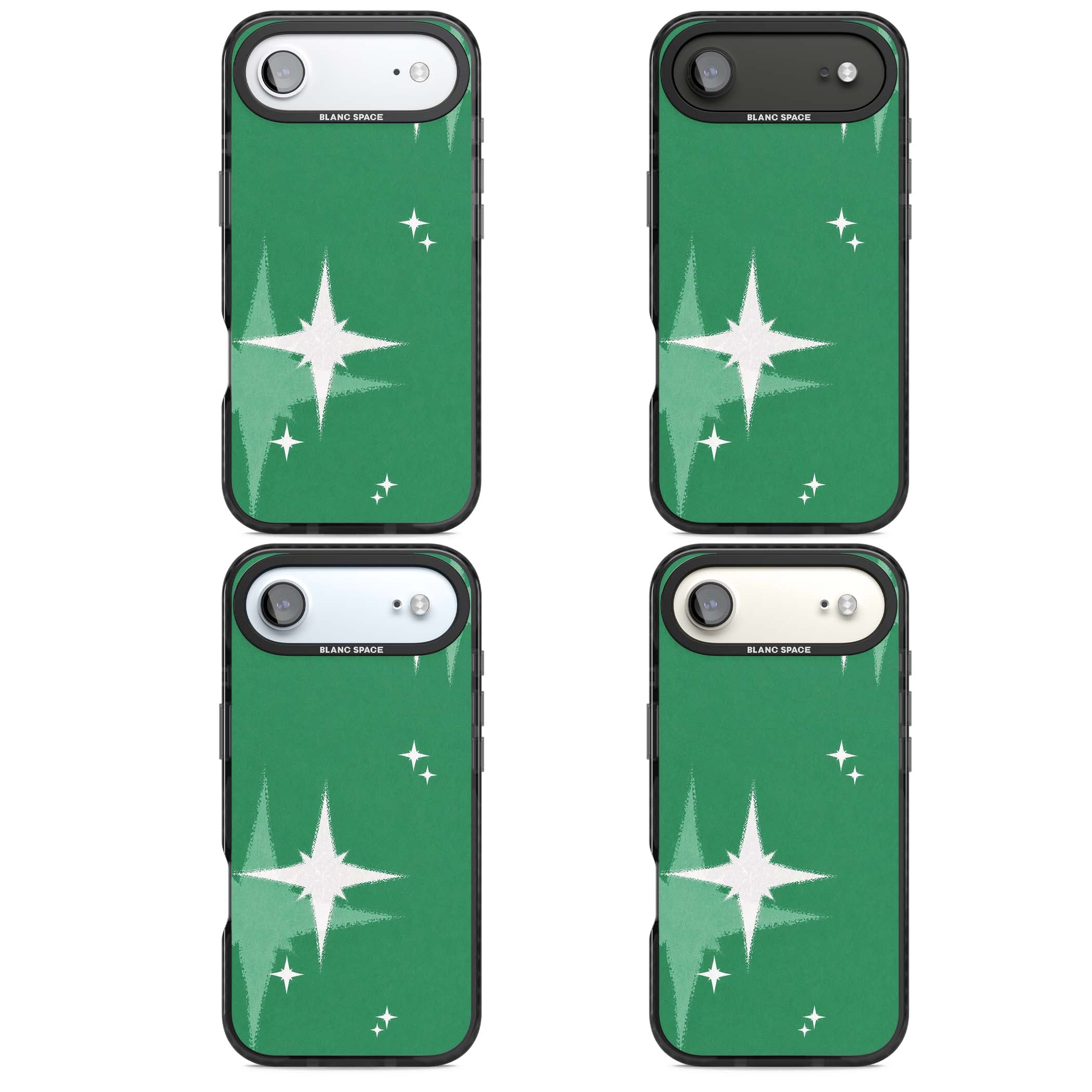 Green Sparkle celestial iPhone case featuring sparkling white four-point stars on a deep green background | Black Impact Magsafe case for iPhone Air