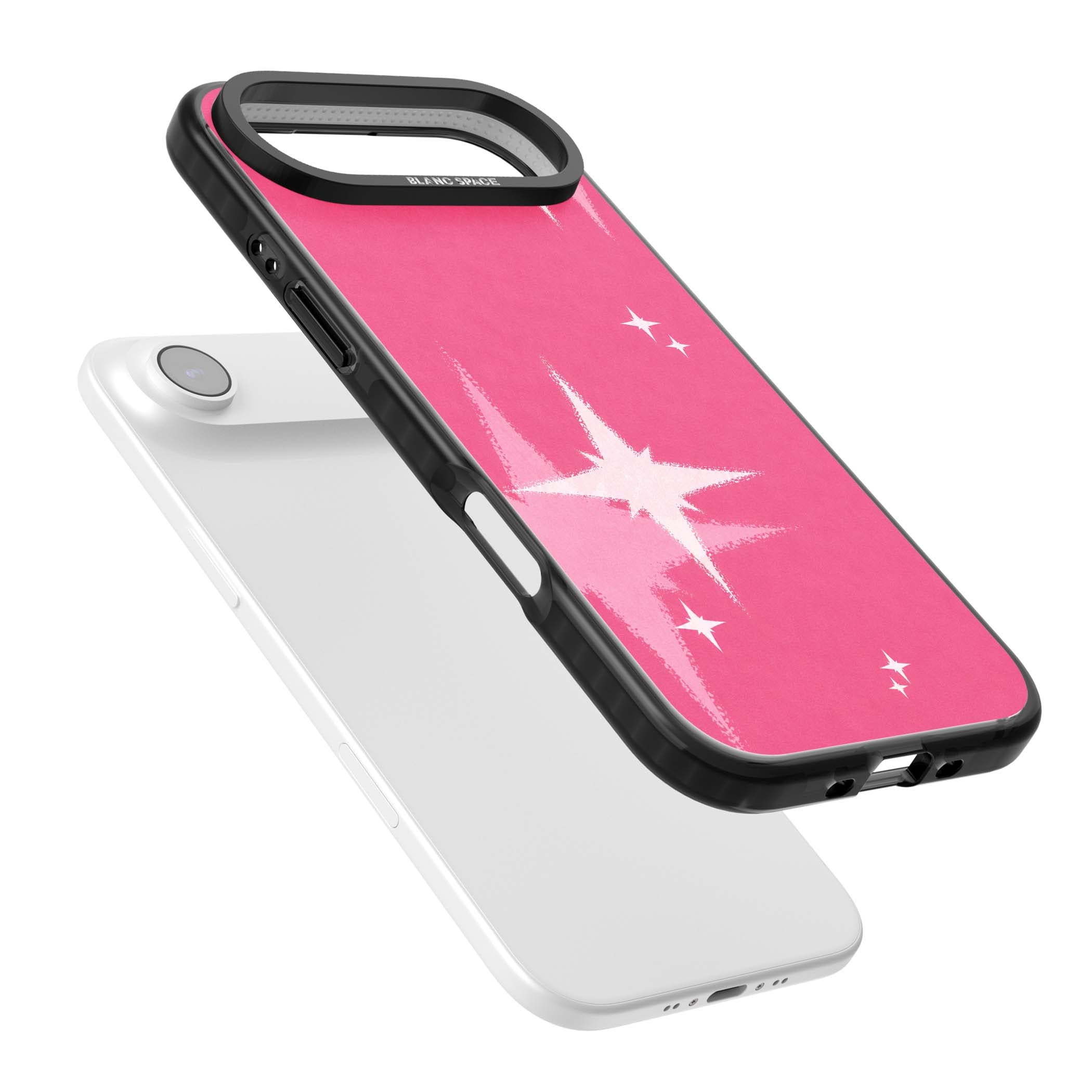 Pink Sparkle Y2K iPhone case featuring hot pink background with shimmering white starburst pattern | Black Impact Magsafe case for iPhone Air