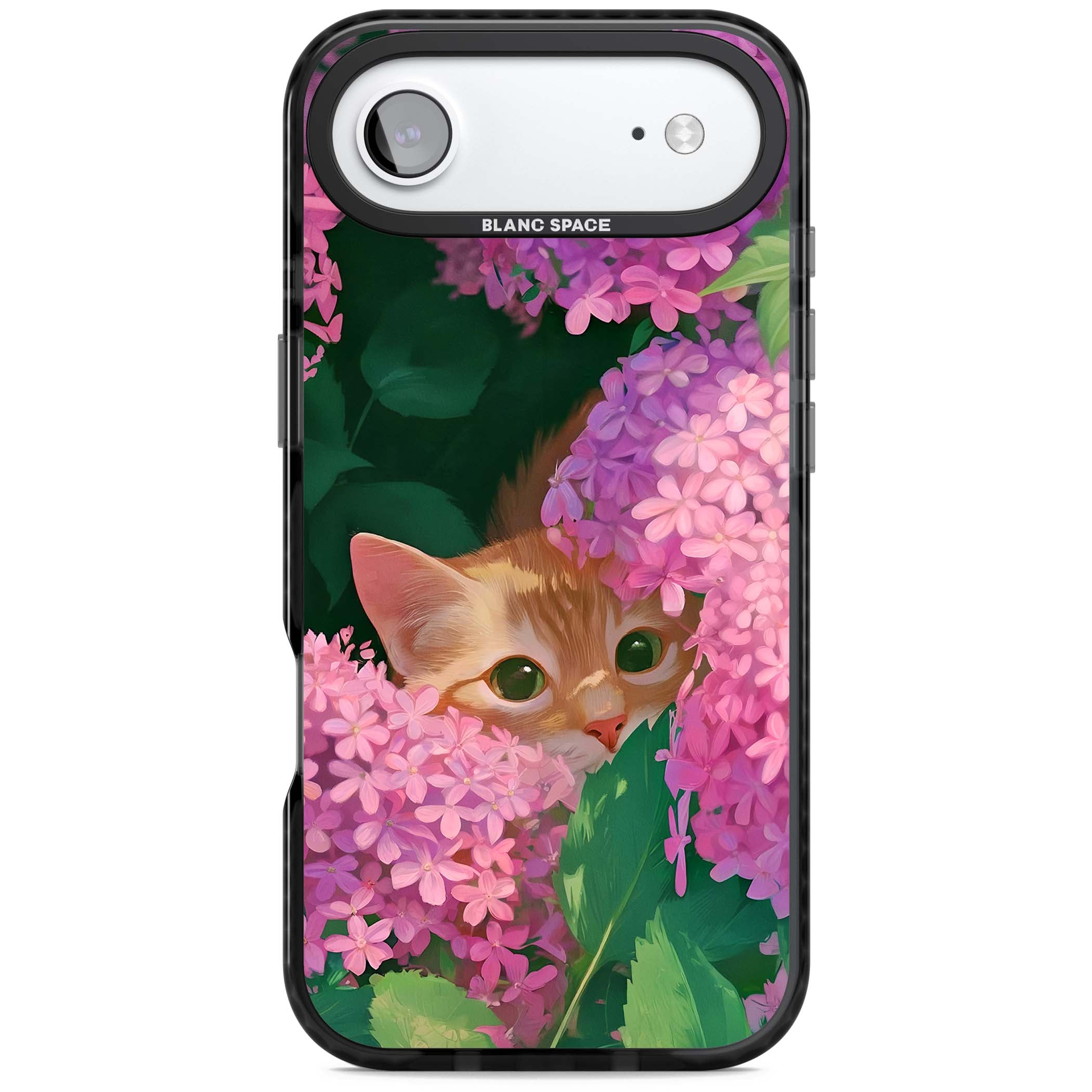 Cat In Pink Flowers cottagecore iPhone case featuring a ginger kitten peeking through lilac and pink hydrangea flo | Black Impact Magsafe case for iPhone Air