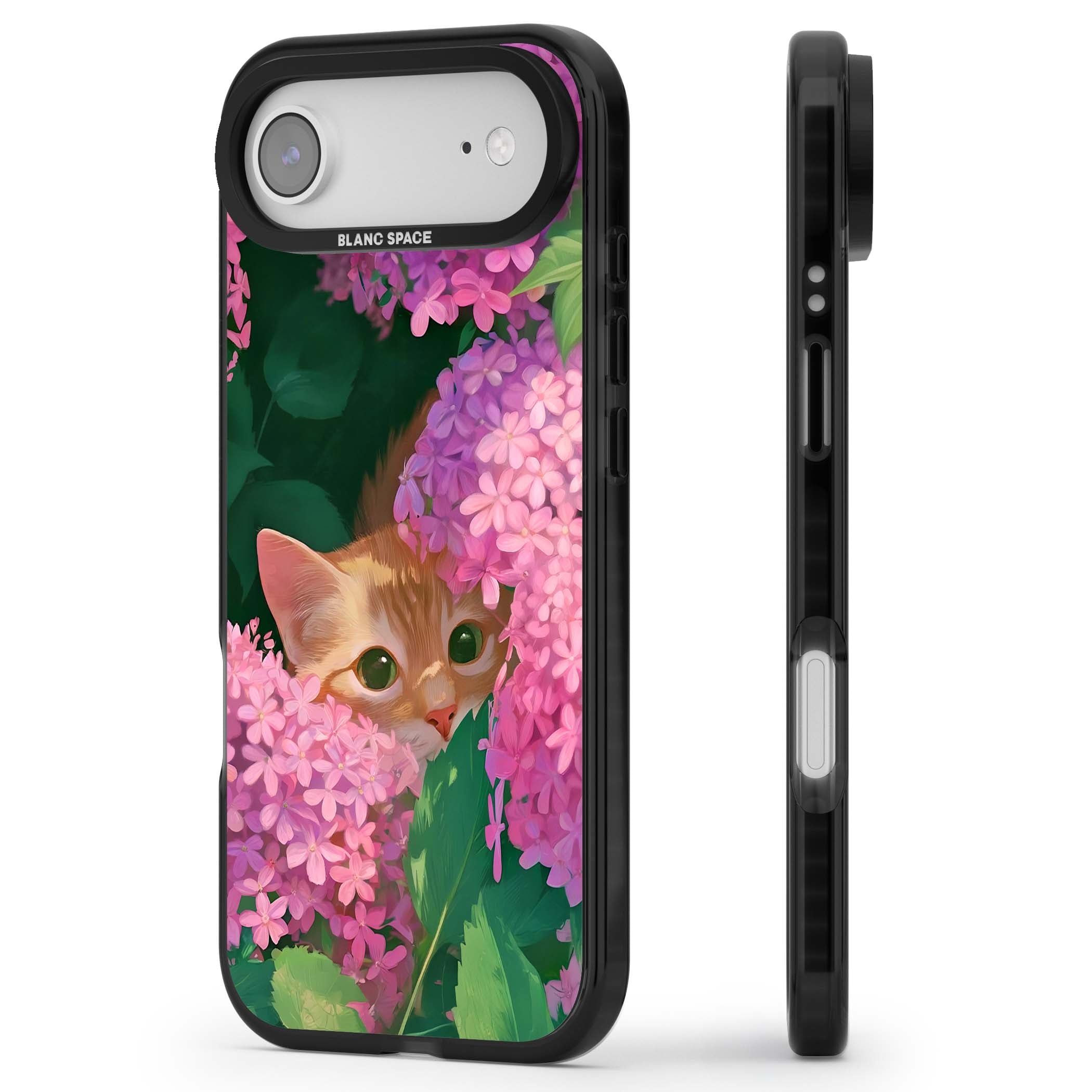 Cat In Pink Flowers cottagecore iPhone case featuring a ginger kitten peeking through lilac and pink hydrangea flo | Black Impact Magsafe case for iPhone Air