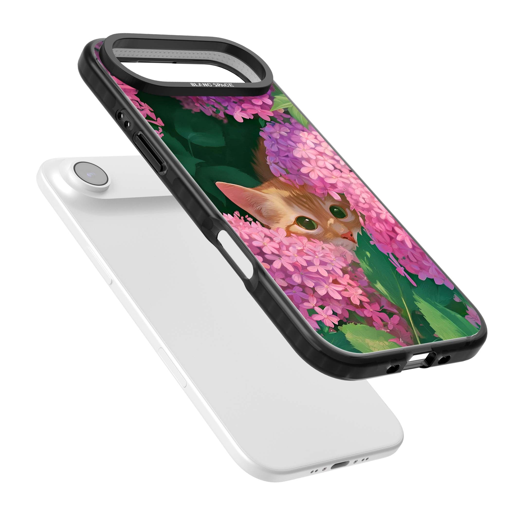 Cat In Pink Flowers cottagecore iPhone case featuring a ginger kitten peeking through lilac and pink hydrangea flo | Black Impact Magsafe case for iPhone Air