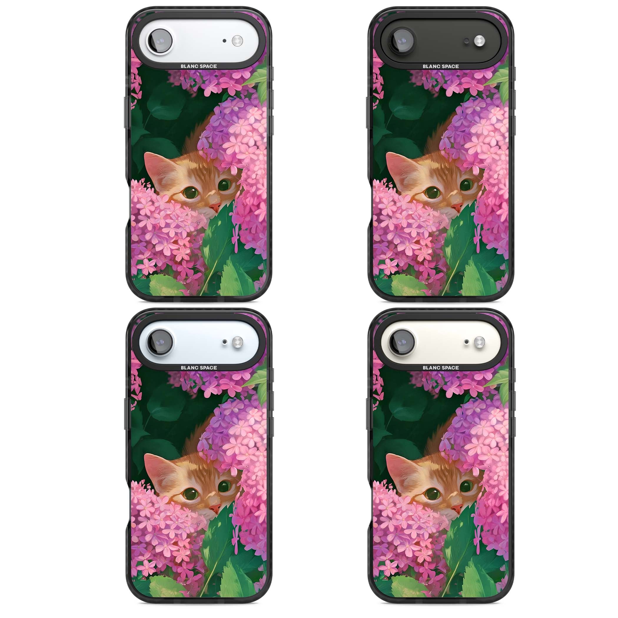 Cat In Pink Flowers cottagecore iPhone case featuring a ginger kitten peeking through lilac and pink hydrangea flo | Black Impact Magsafe case for iPhone Air