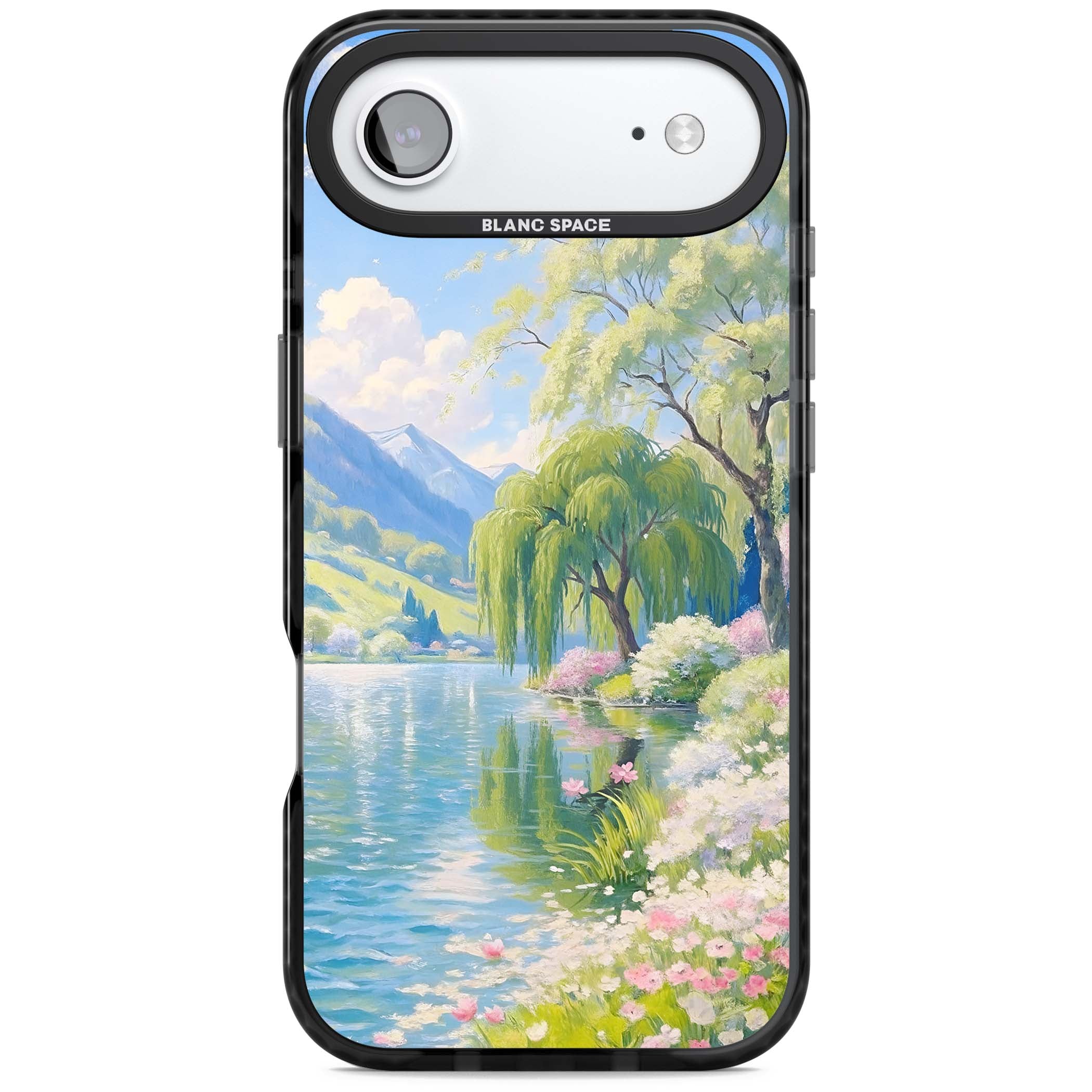 Willow Lake cottagecore iPhone case featuring a painted lakeside with weeping willow, blossoms and distant mountains | Black Impact Magsafe case for iPhone Air