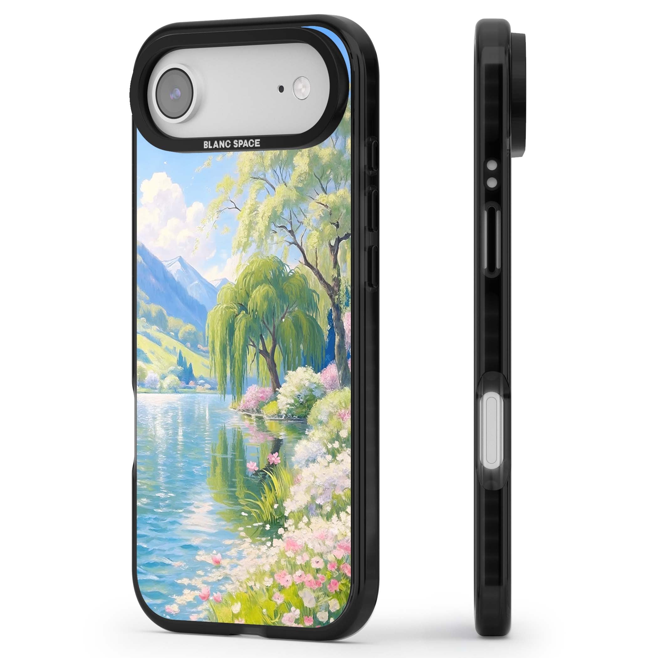 Willow Lake cottagecore iPhone case featuring a painted lakeside with weeping willow, blossoms and distant mountains | Black Impact Magsafe case for iPhone Air