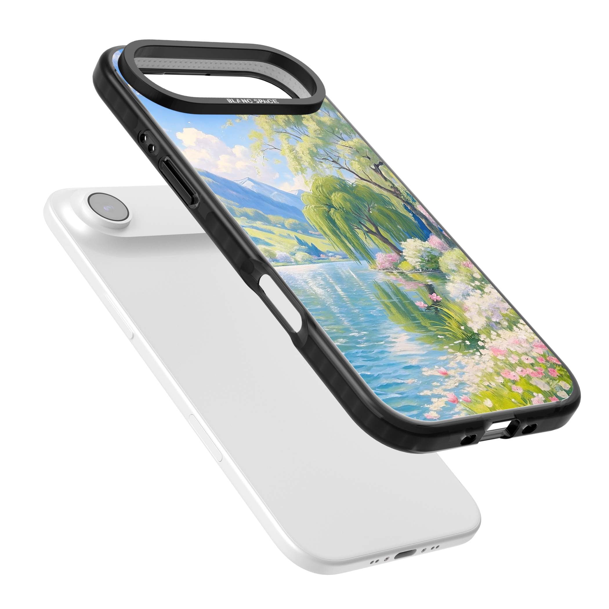 Willow Lake cottagecore iPhone case featuring a painted lakeside with weeping willow, blossoms and distant mountains | Black Impact Magsafe case for iPhone Air