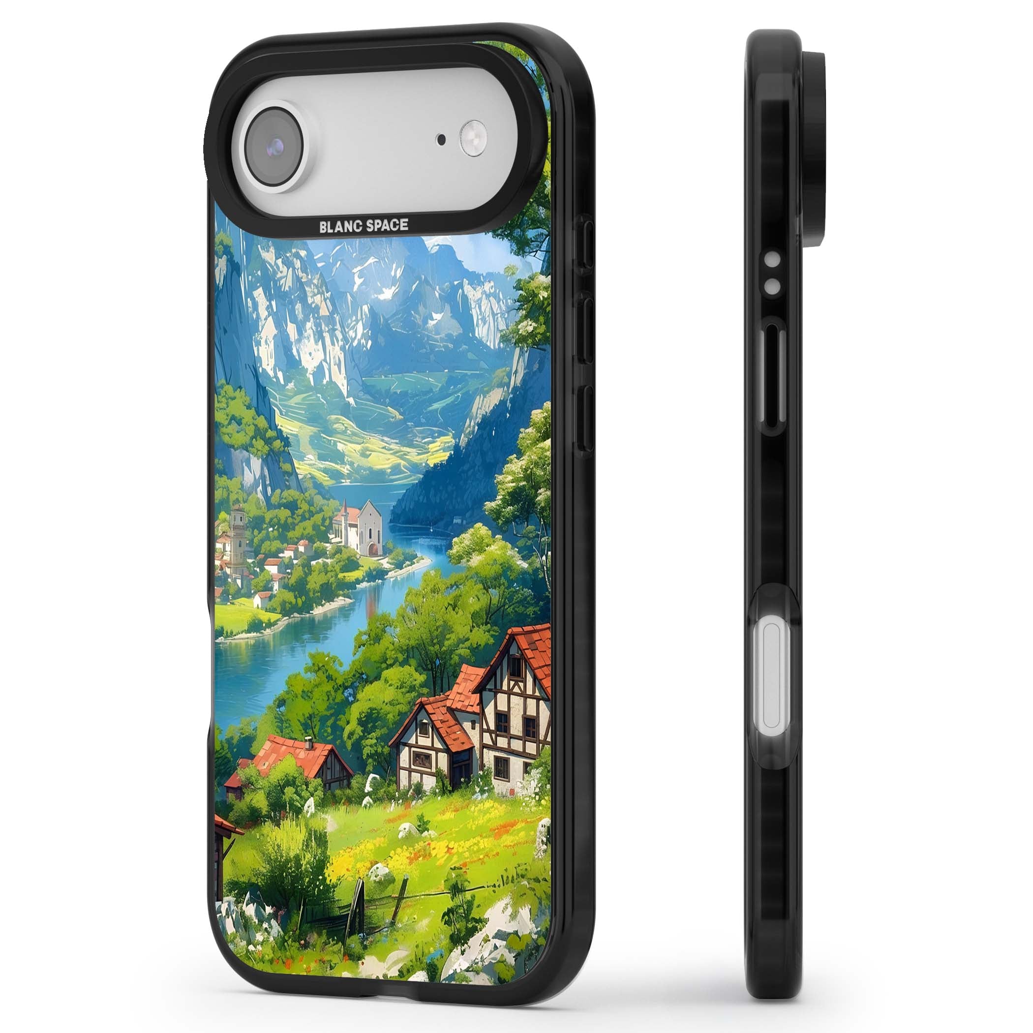 Village In The Valley anime iPhone case featuring a painted mountain village, river valley and half-timbered cottages. | Black Impact Magsafe case for iPhone Air