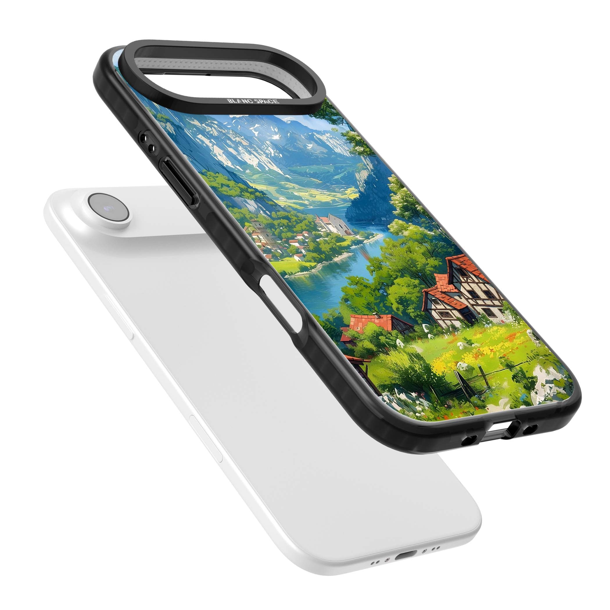 Village In The Valley anime iPhone case featuring a painted mountain village, river valley and half-timbered cottages. | Black Impact Magsafe case for iPhone Air