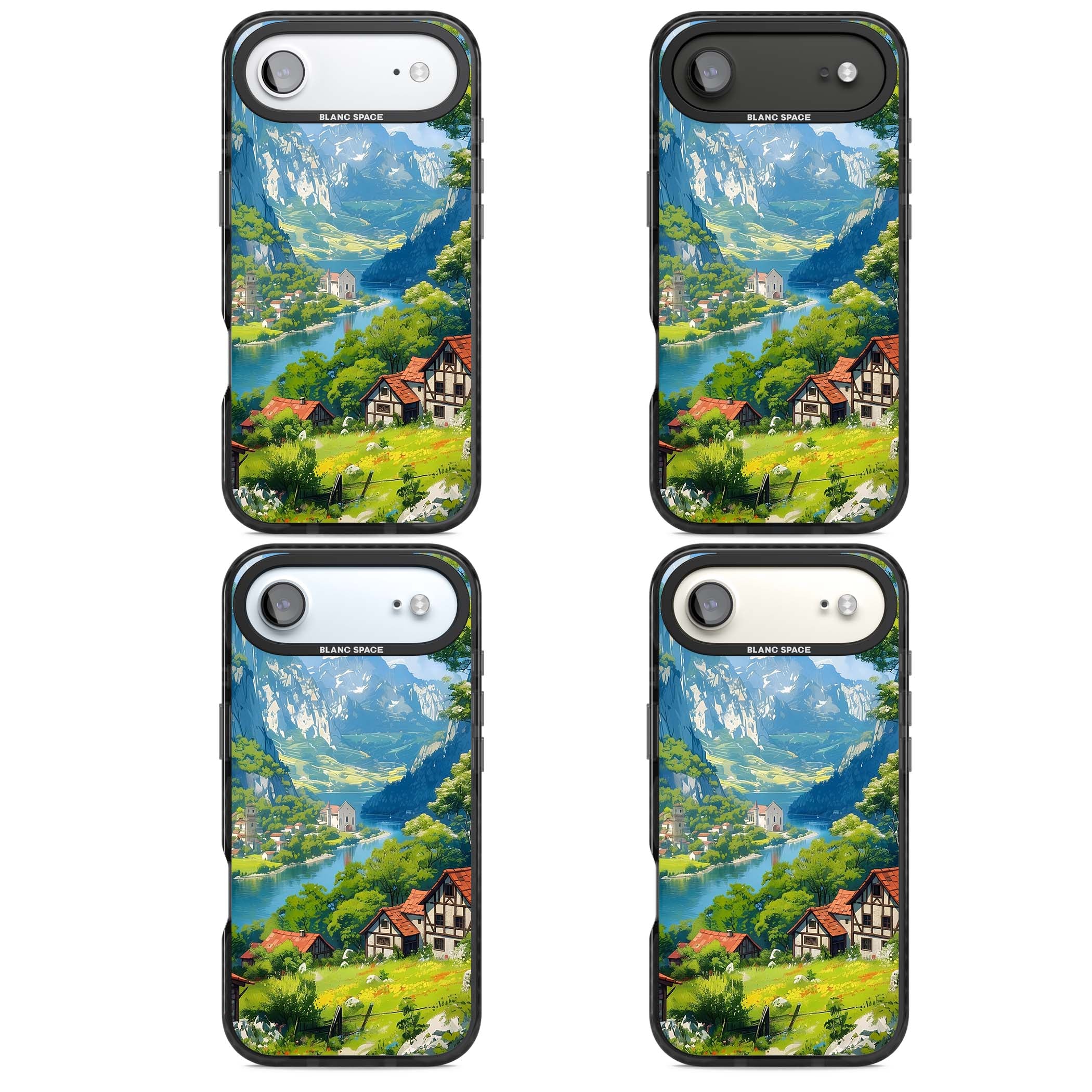 Village In The Valley anime iPhone case featuring a painted mountain village, river valley and half-timbered cottages. | Black Impact Magsafe case for iPhone Air
