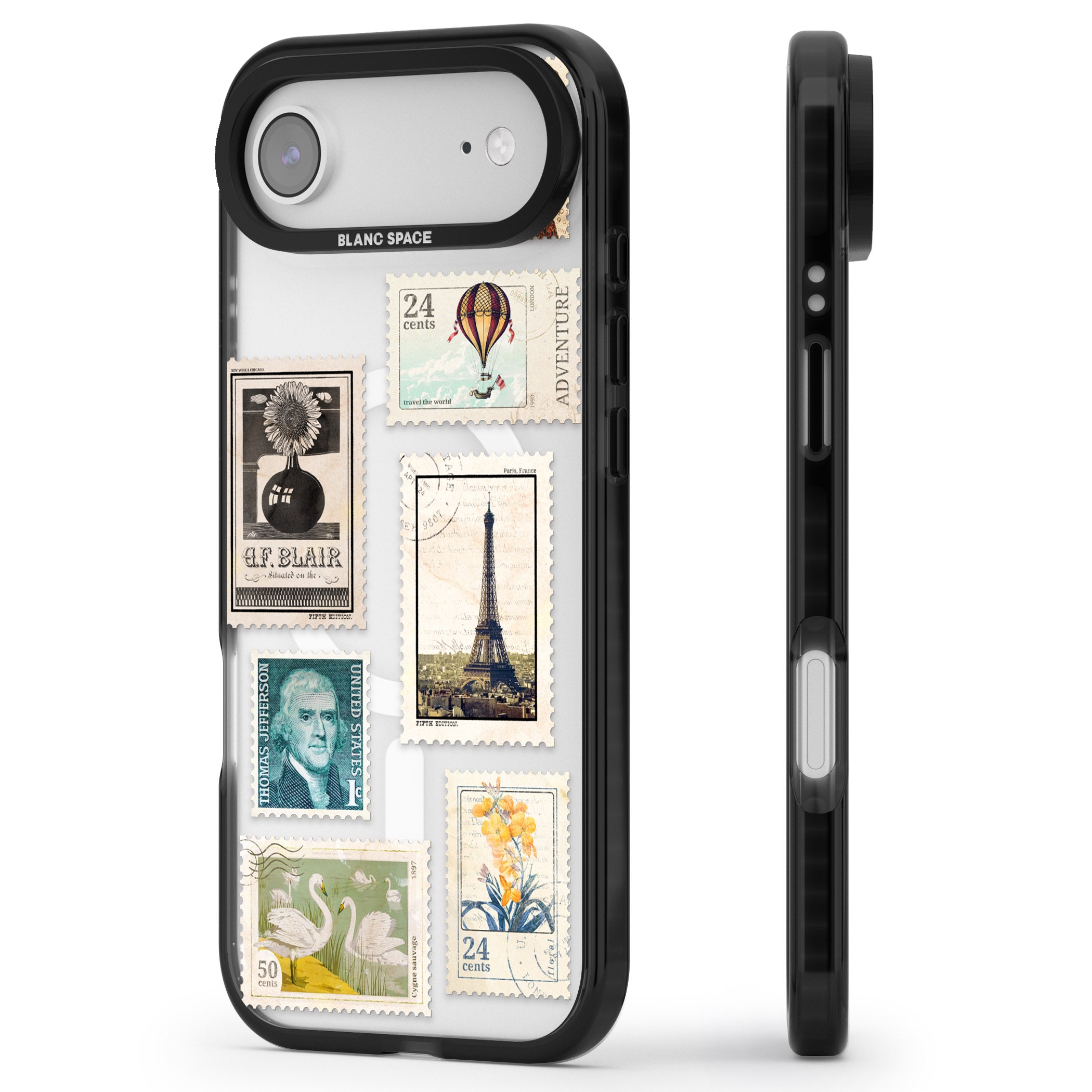 Vintage Stamps iPhone 17 Air Impact Pro Black Phone Case Side Profile