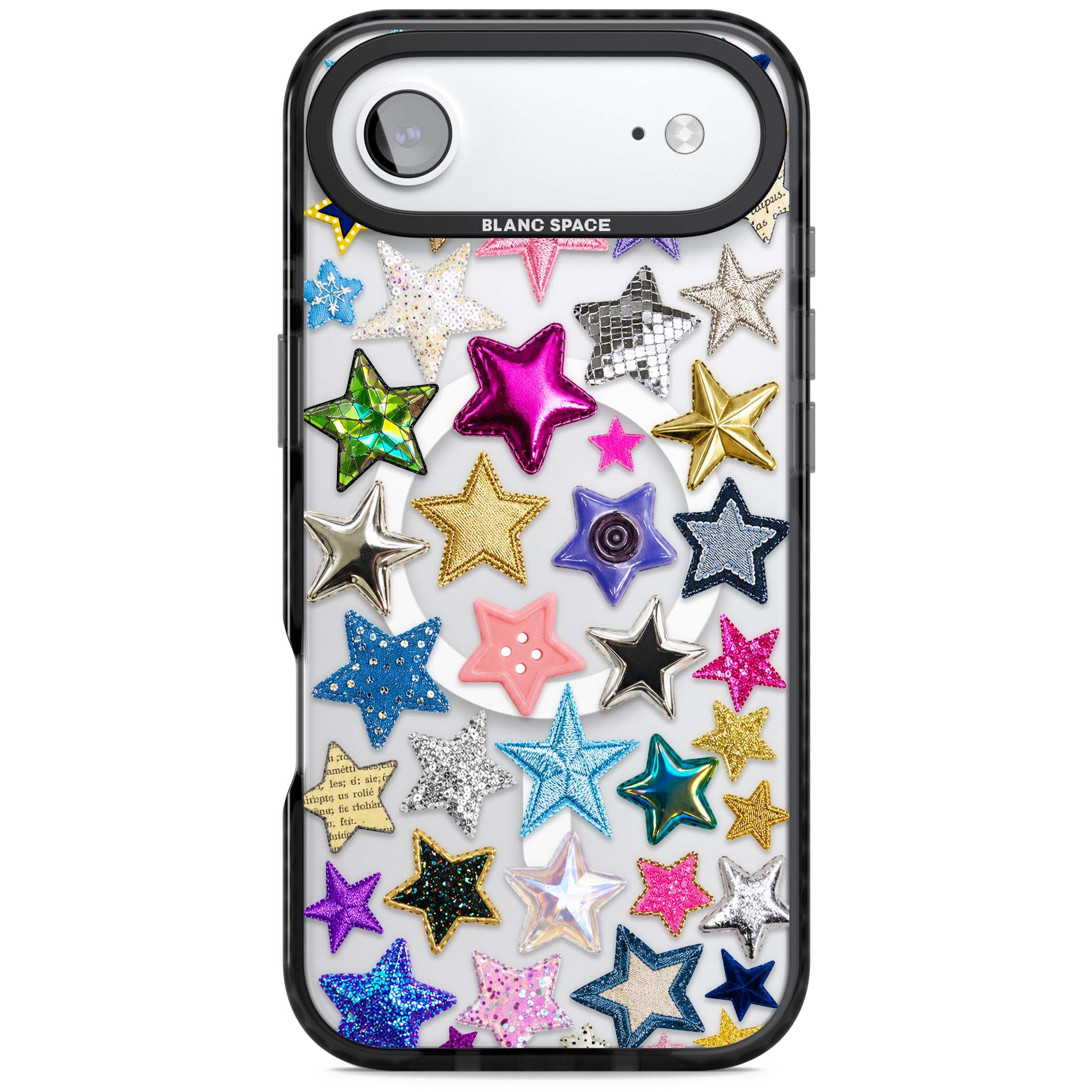 Crafty Star Mix Y2K iPhone case featuring embroidered, sequinned and glitter star patches in rainbow colours | Black Impact Magsafe case for iPhone Air
