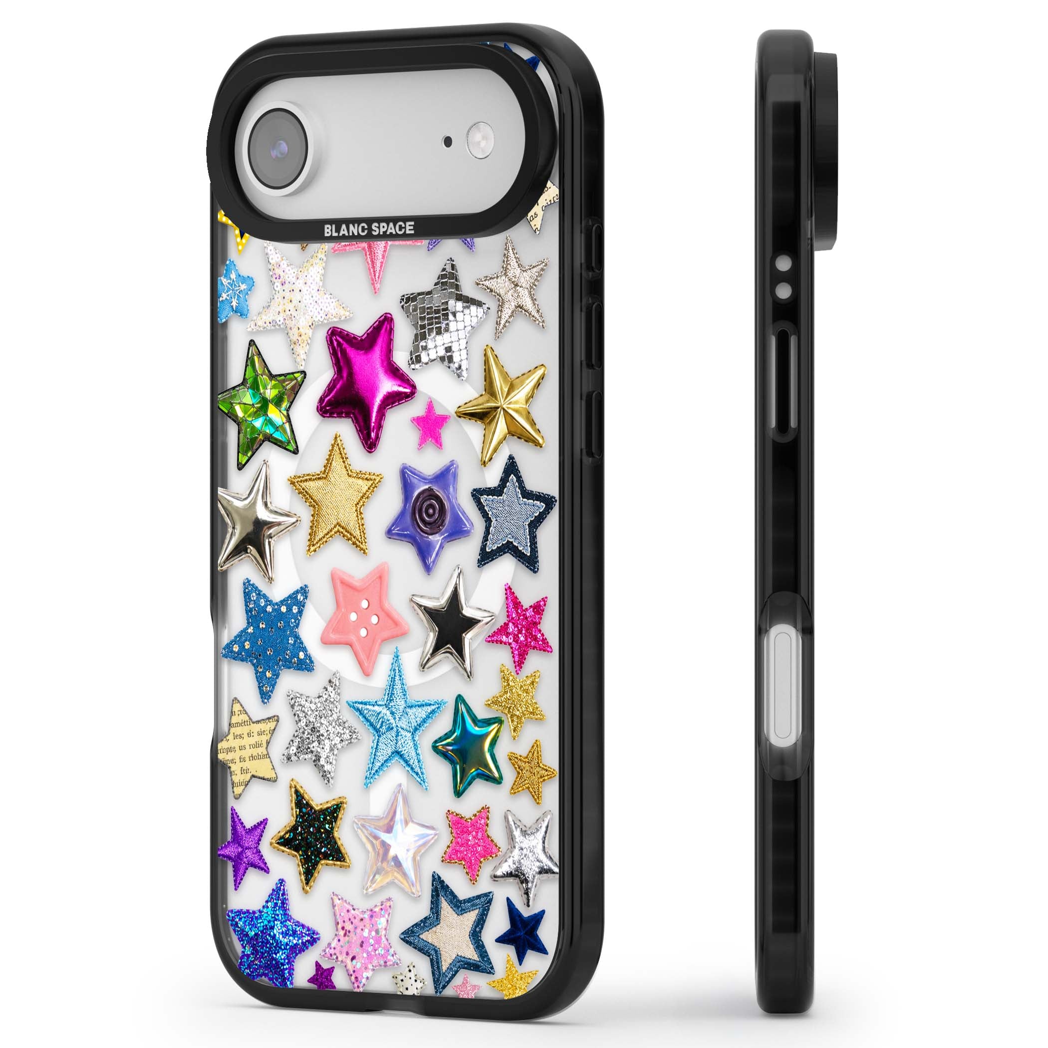 Crafty Star Mix Y2K iPhone case featuring embroidered, sequinned and glitter star patches in rainbow colours | Black Impact Magsafe case for iPhone Air