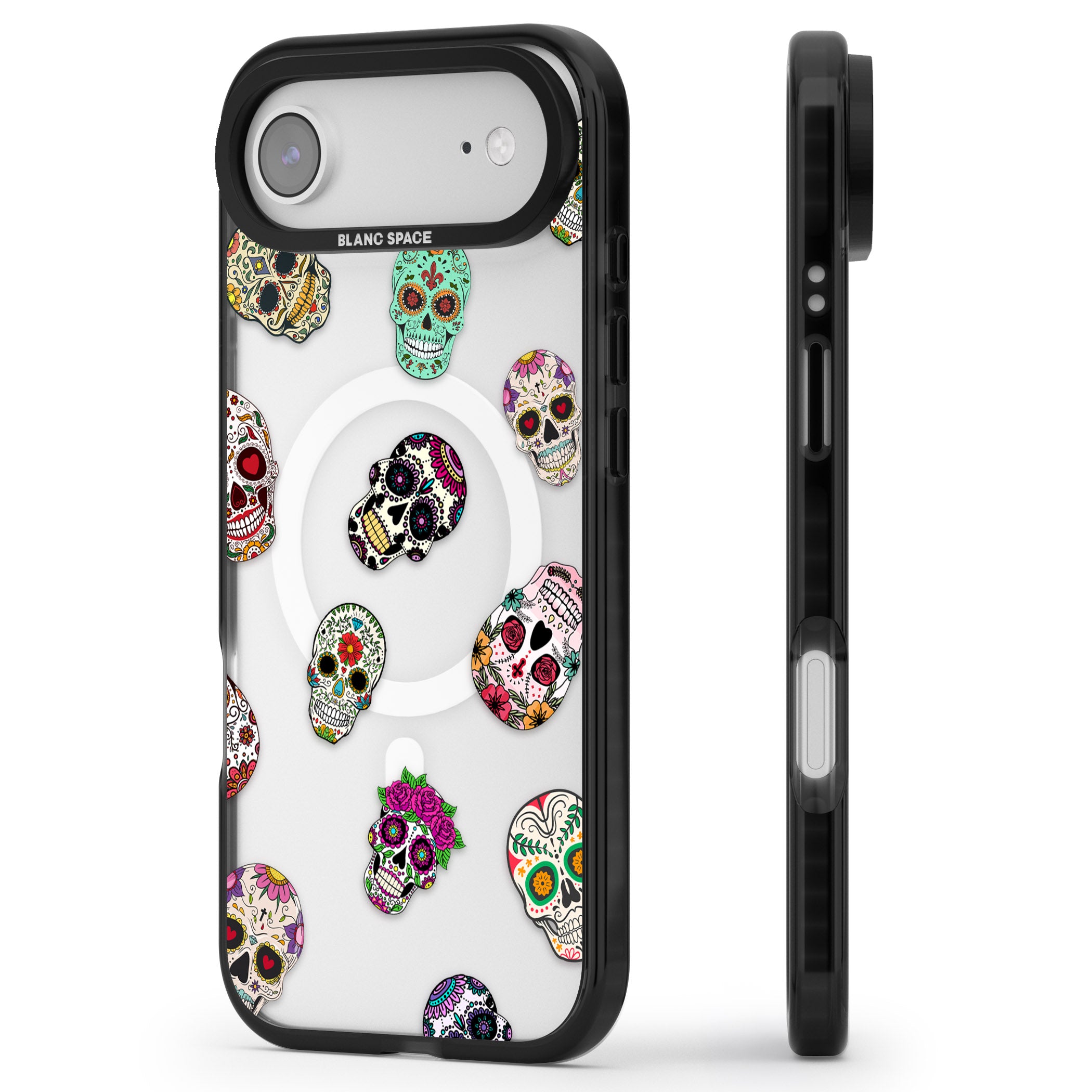 Mixed Sugar Skull Pattern iPhone 17 Air Impact Pro Black Phone Case Side Profile