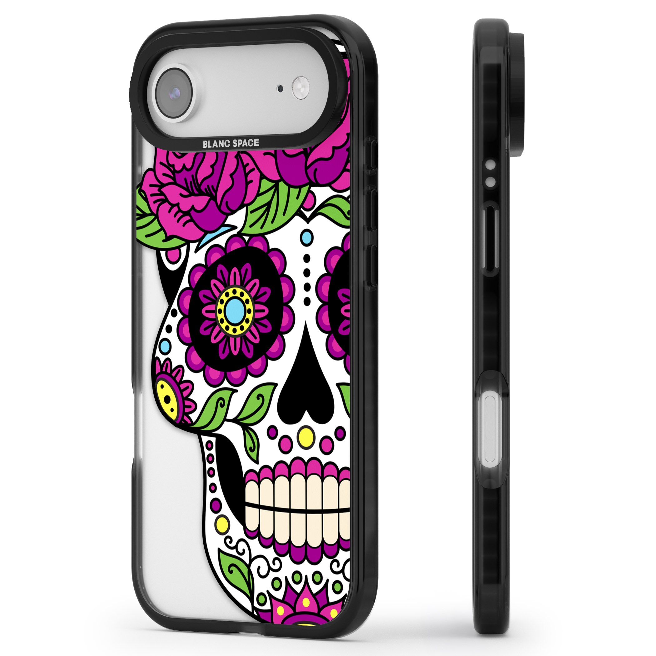 Purple Floral Sugar Skull iPhone 17 Air Impact Pro Black Phone Case Side Profile
