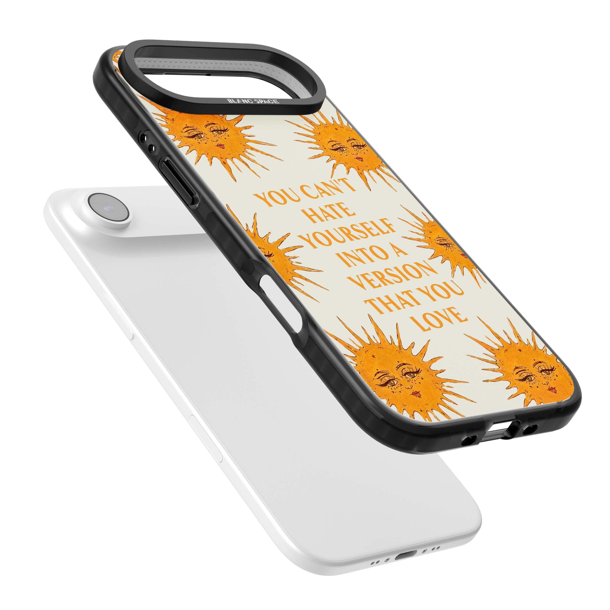 Don't Hate Yourself celestial iPhone case featuring vintage sun faces, ochre rays and a self-love quote | Black Impact Magsafe case for iPhone Air