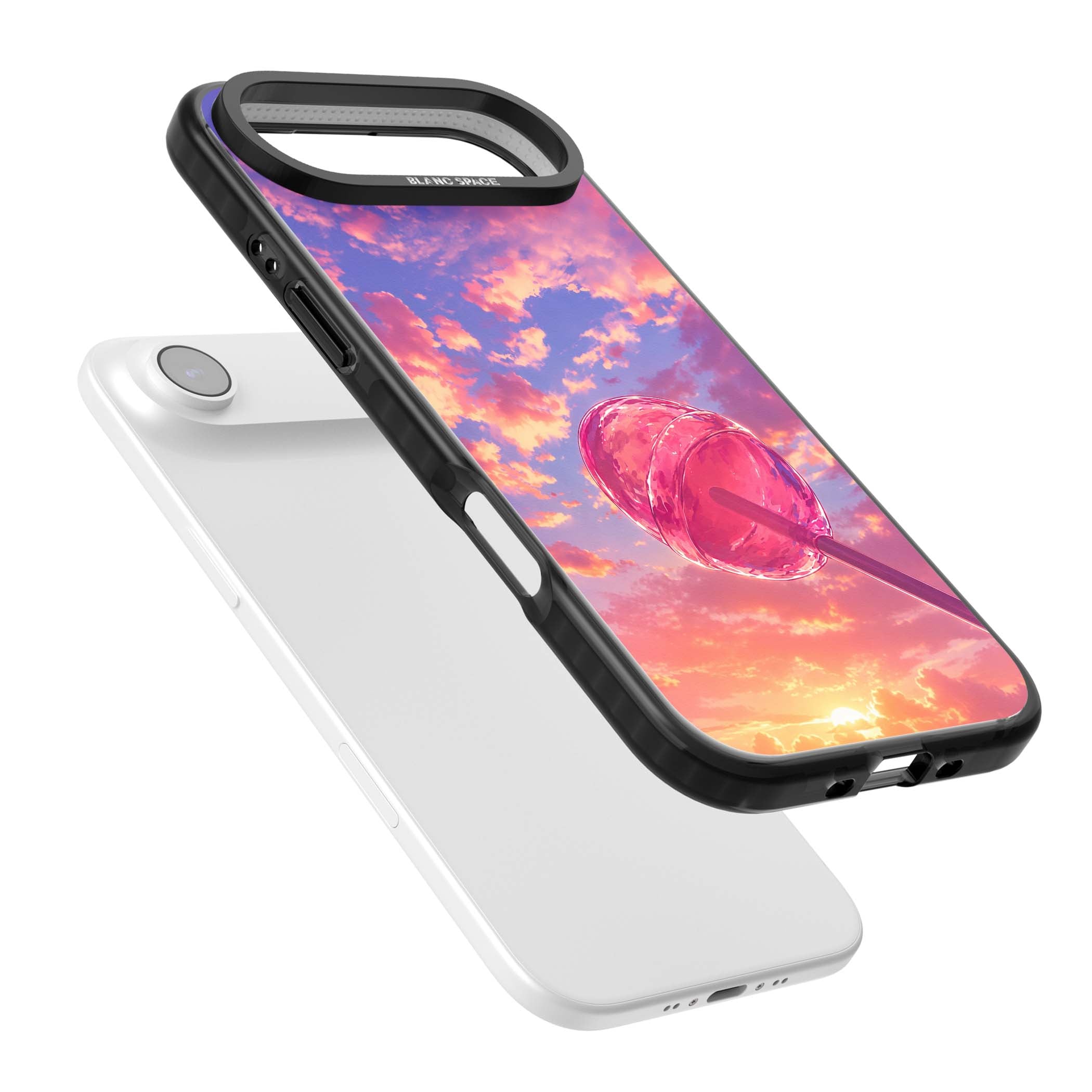 Sugar Sunset candy aesthetic iPhone case featuring a pink lollipop, pastel sunset sky and dreamy clouds | Black Impact Magsafe case for iPhone Air