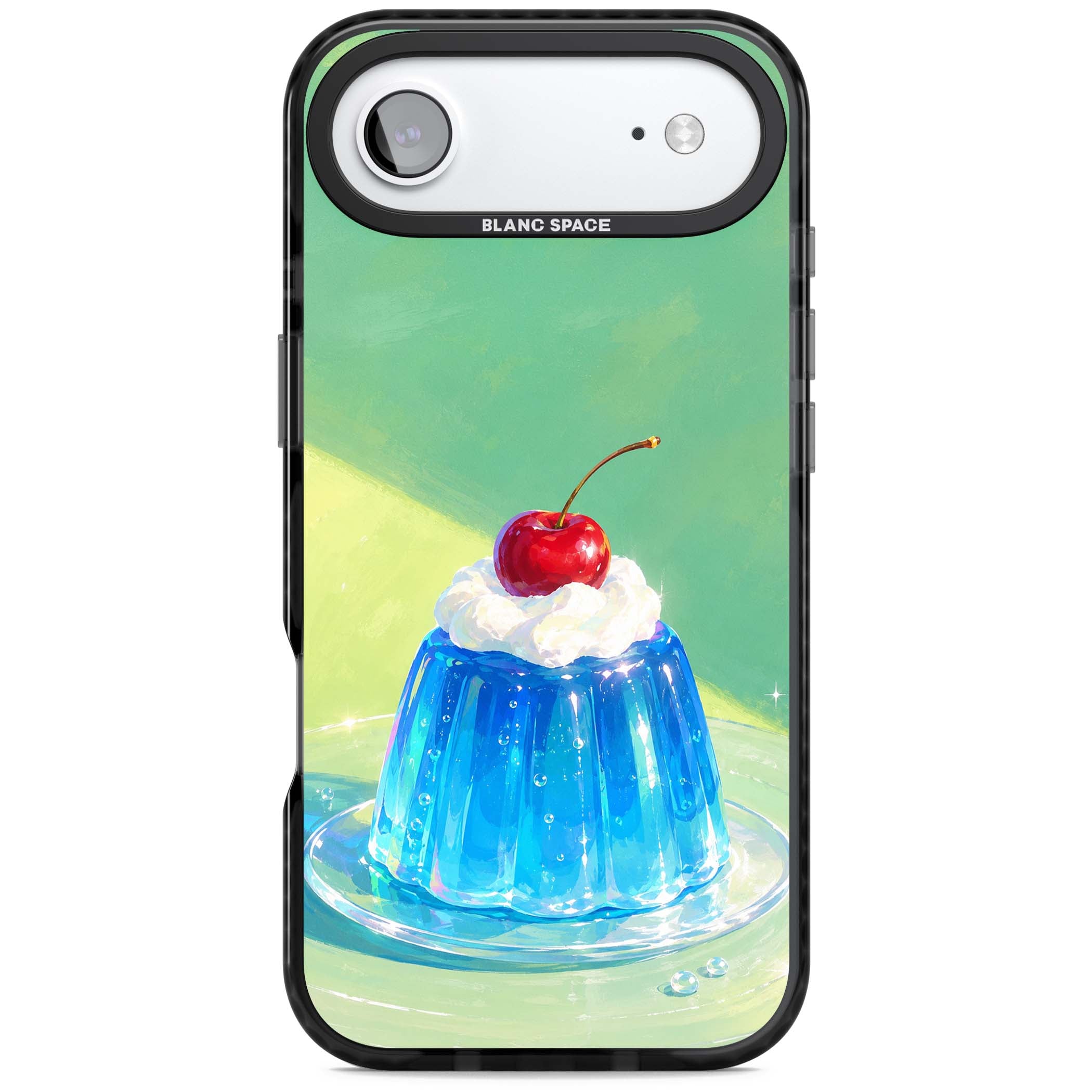 Cherry Jelly kawaii dessert iPhone case featuring blue jelly pudding, whipped cream and a red cherry | Black Impact Magsafe case for iPhone Air