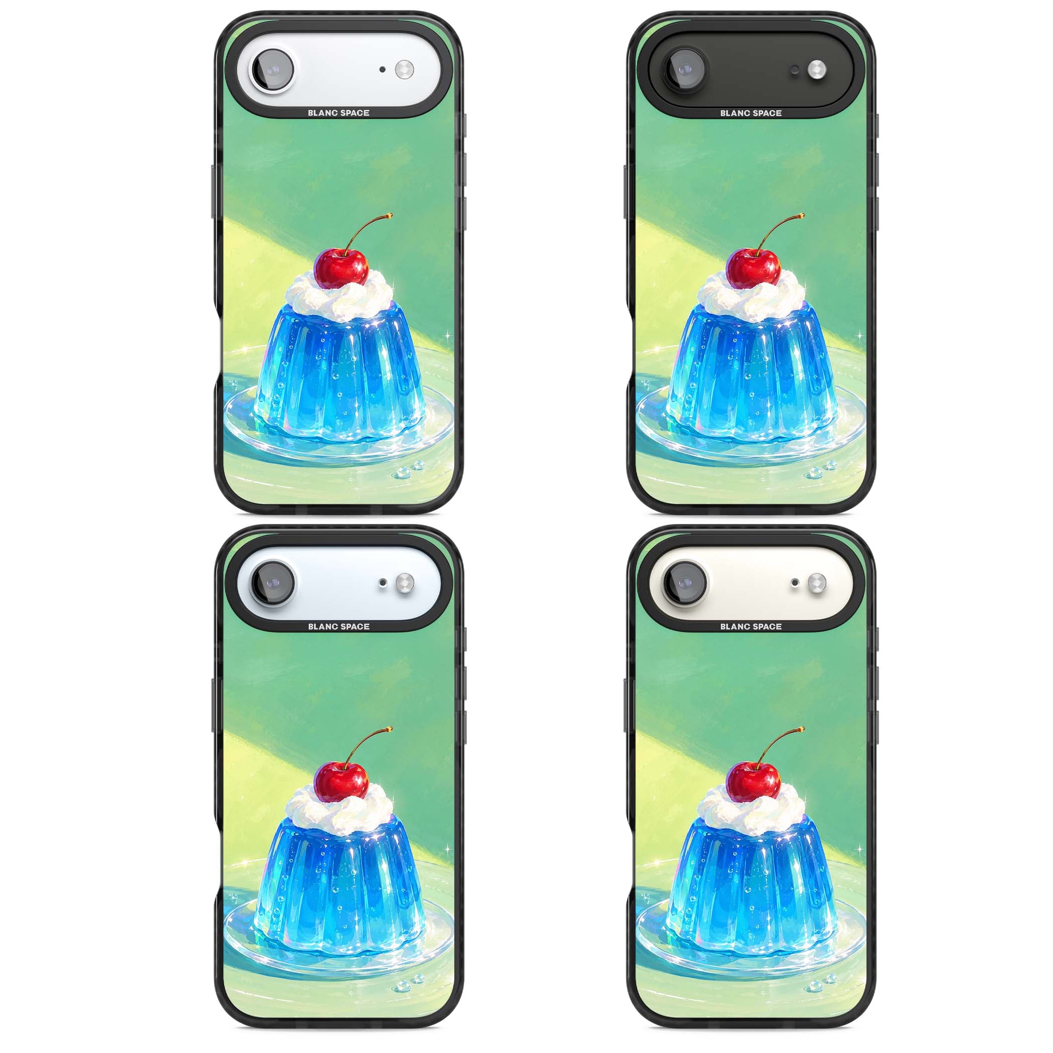 Cherry Jelly kawaii dessert iPhone case featuring blue jelly pudding, whipped cream and a red cherry | Black Impact Magsafe case for iPhone Air