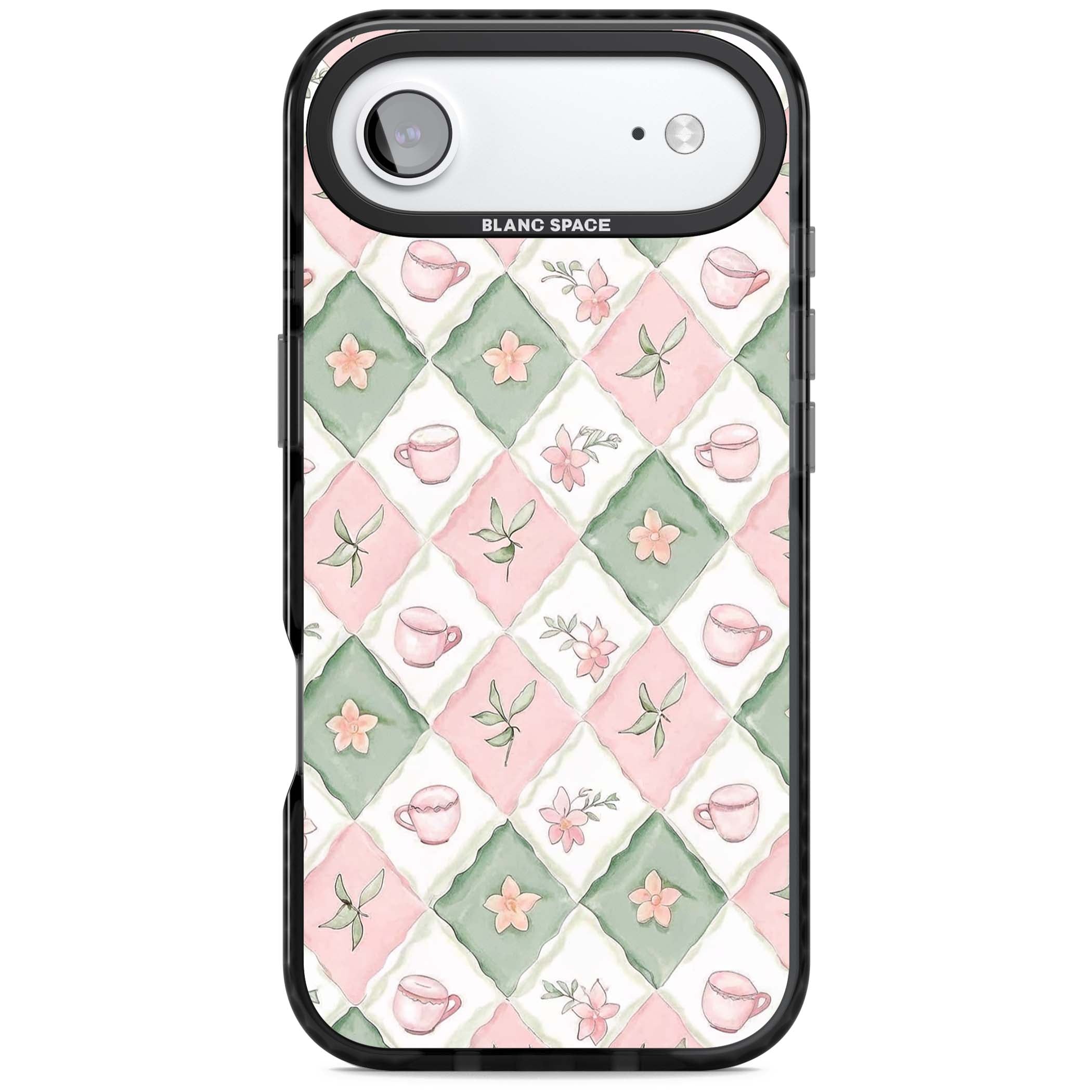 Garden Tea Party coquette iPhone case with pink and green checkered pattern, watercolour teacups and wildflowers | Black Impact Magsafe case for iPhone Air