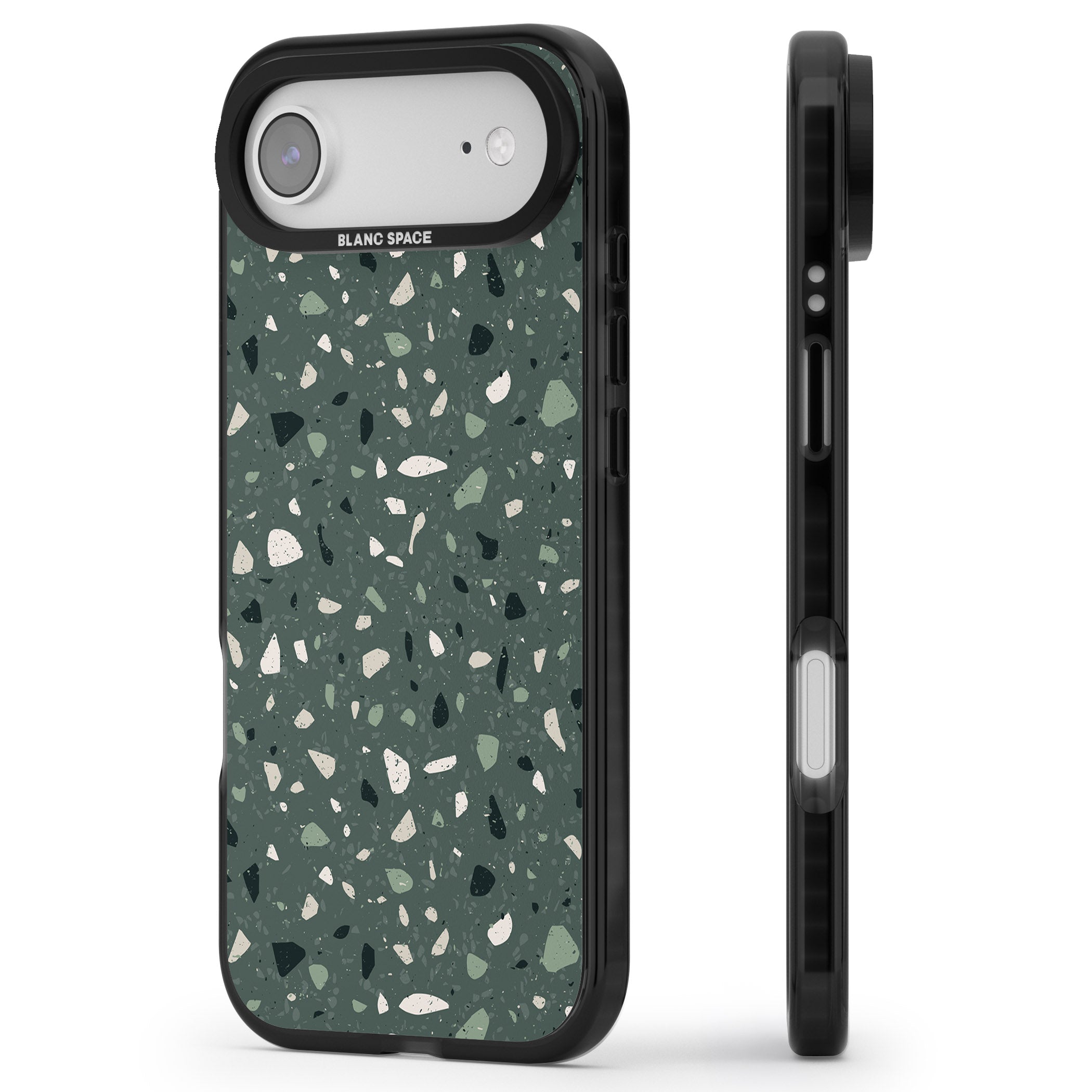Green & Cream Terrazzo Pattern iPhone 17 Air Impact Pro Black Phone Case Side Profile