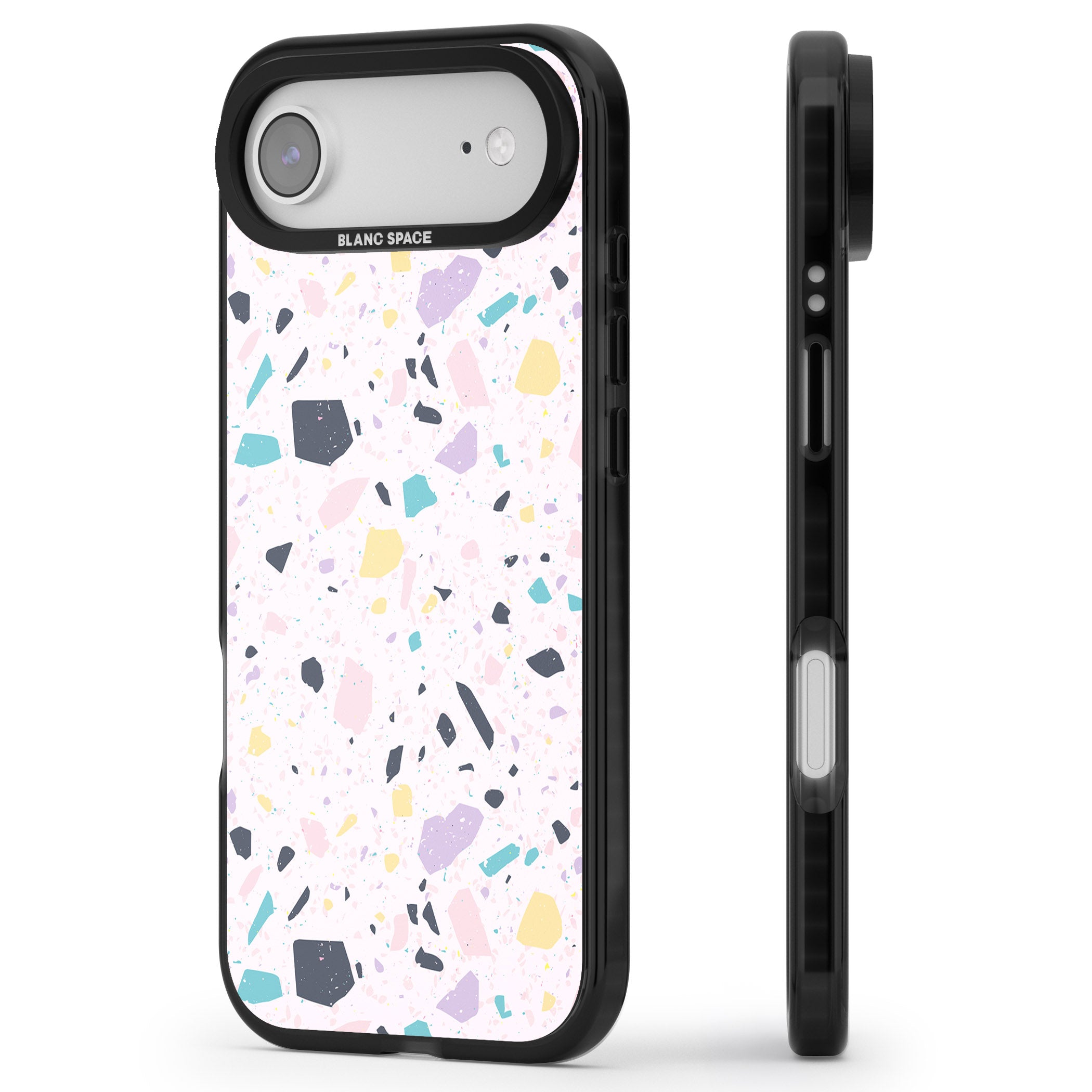 Pink, Purple & Turquoise Terrazzo Pattern iPhone 17 Air Impact Pro Black Phone Case Side Profile