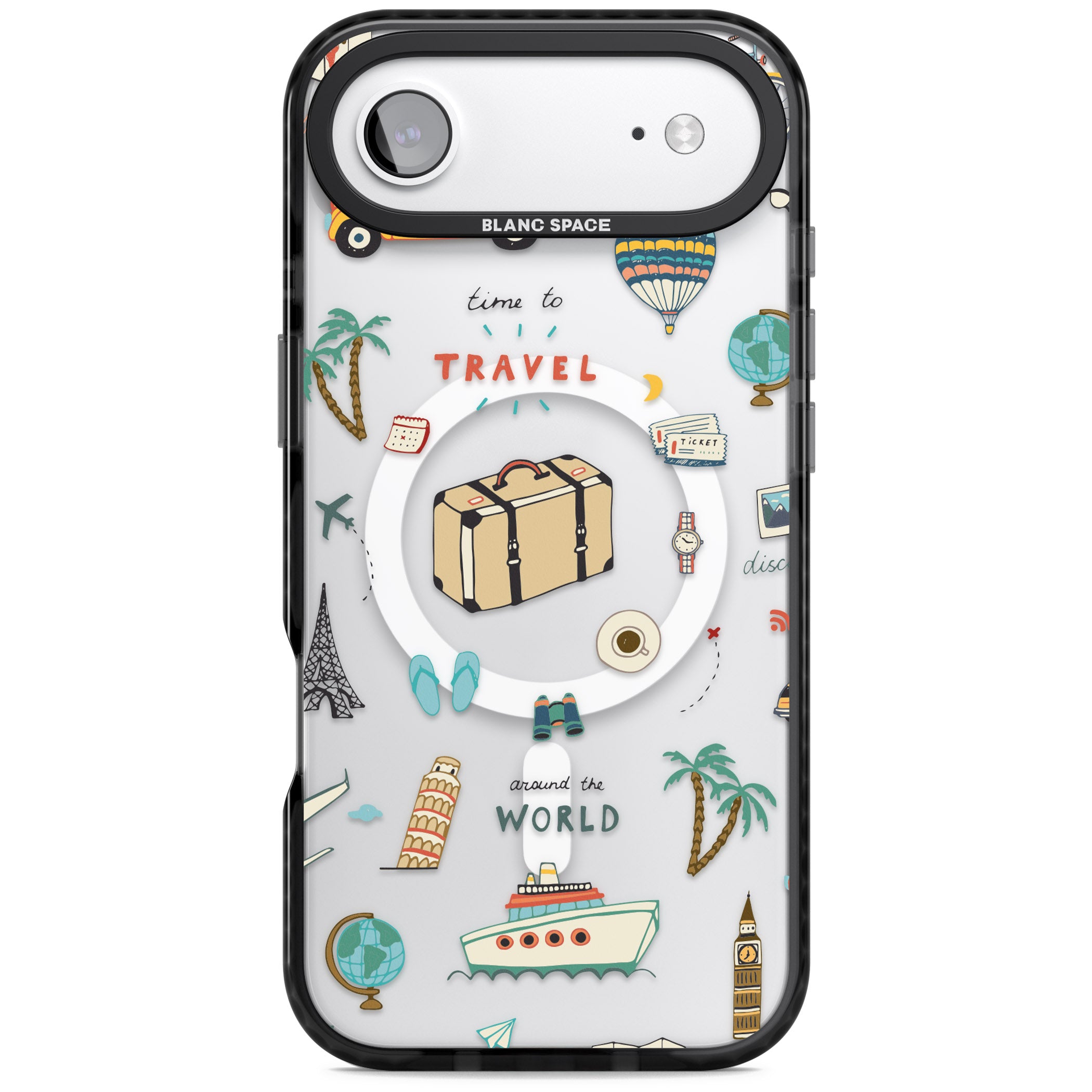 Cute Travel Pattern Transparent iPhone 17 Air Impact Pro Black Phone Case