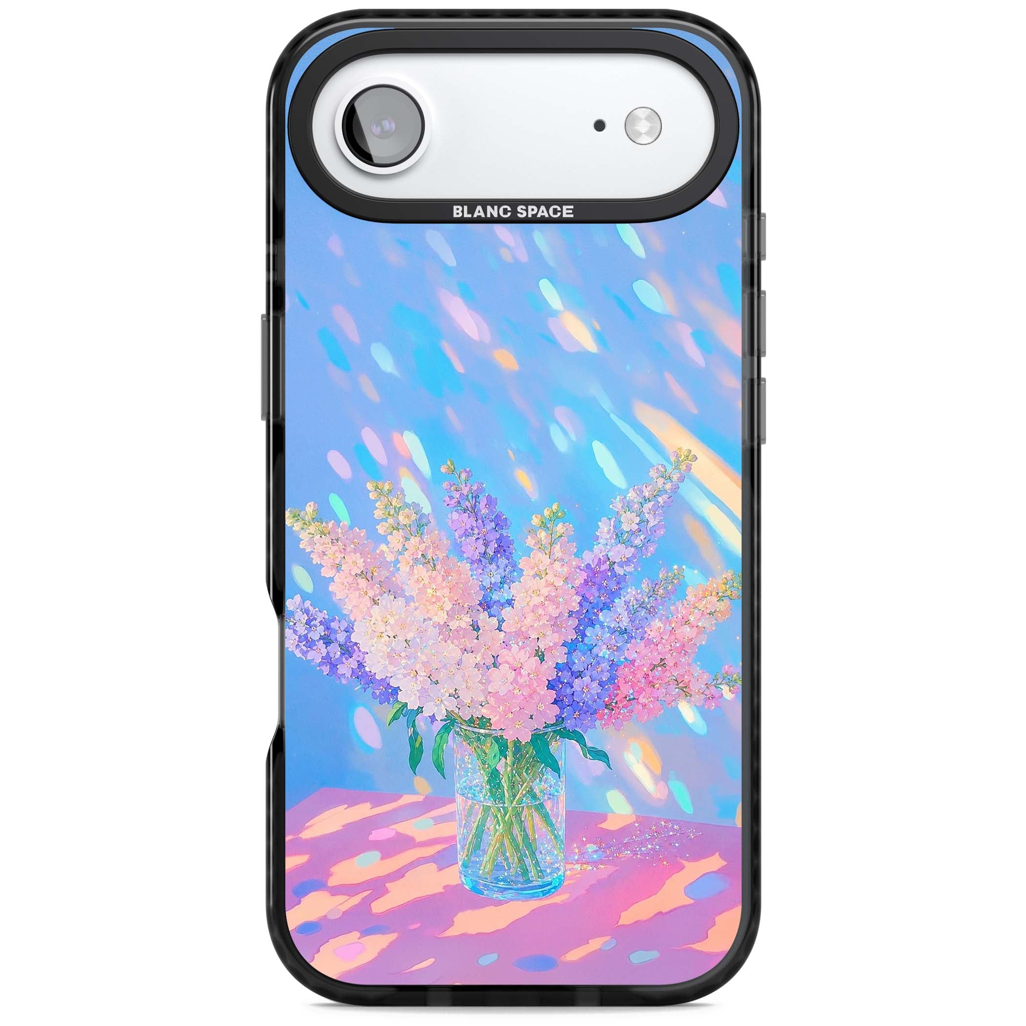 Bubblegum Flowers floral iPhone case featuring pastel lilac and pink bouquet in a glass vase with iridescent light | Black Impact Magsafe case for iPhone Air