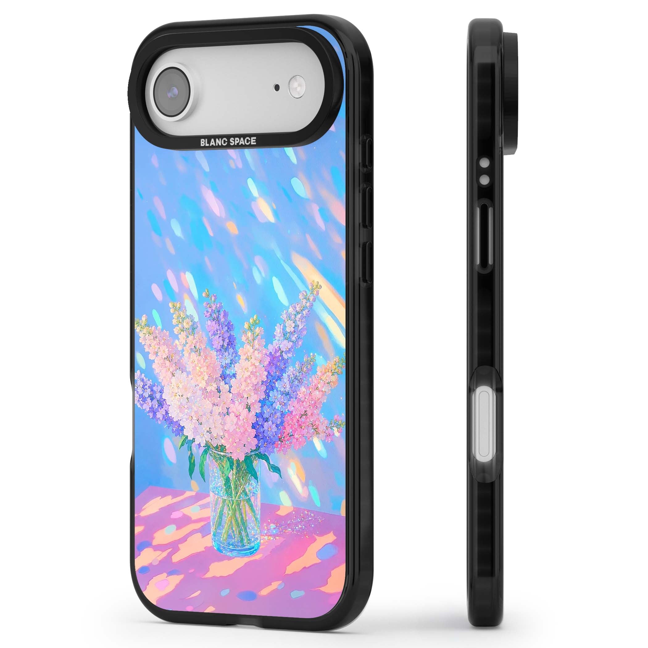 Bubblegum Flowers floral iPhone case featuring pastel lilac and pink bouquet in a glass vase with iridescent light | Black Impact Magsafe case for iPhone Air